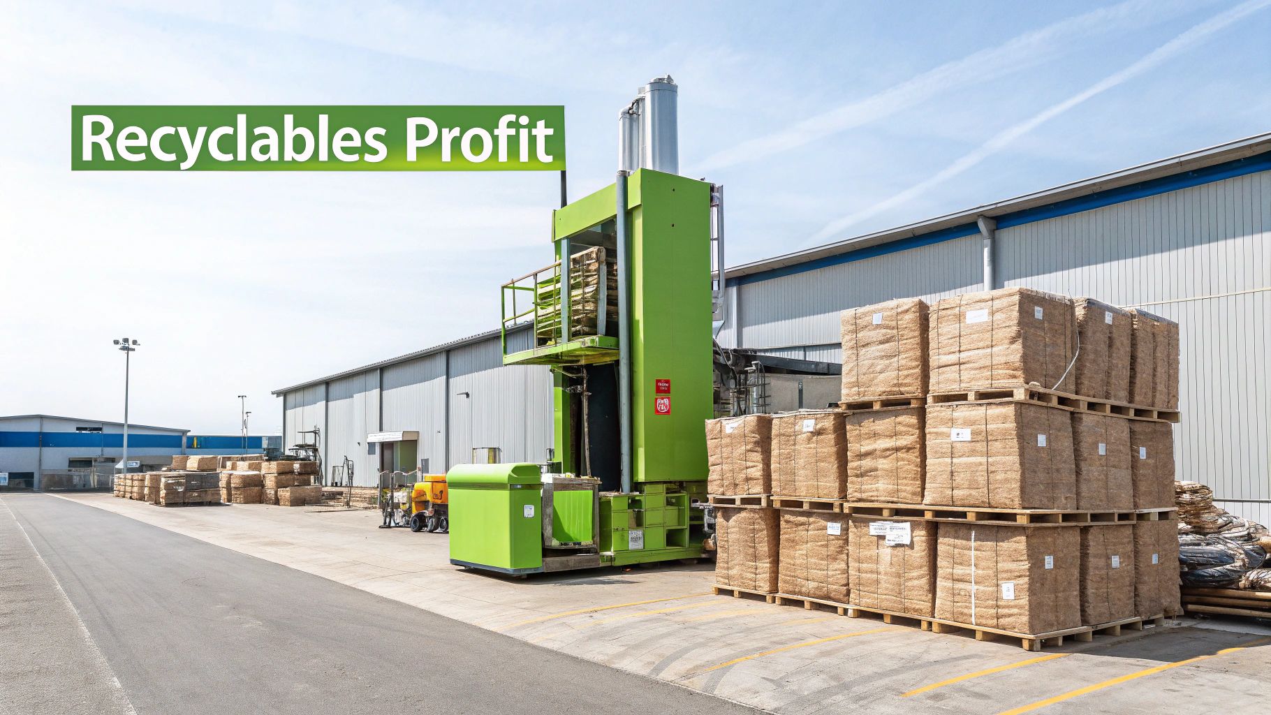 An industrial baler creating a dense bale of cardboard in a recycling facility.