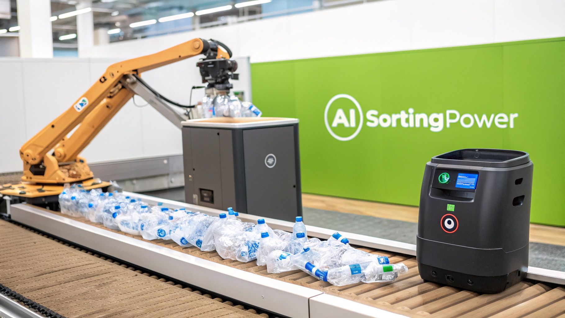 Robotic arm sorting through recyclable materials on a conveyor belt