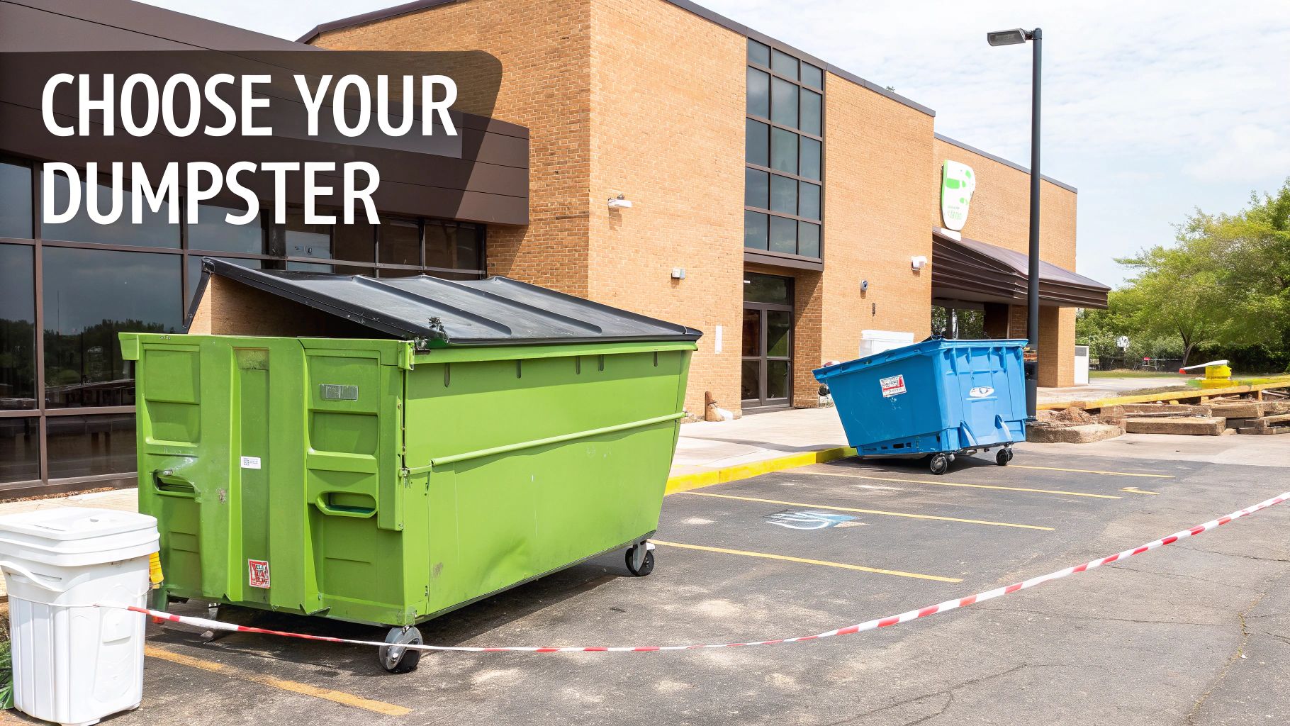 A large roll-off commercial garbage dumpster being delivered to a worksite by a truck.