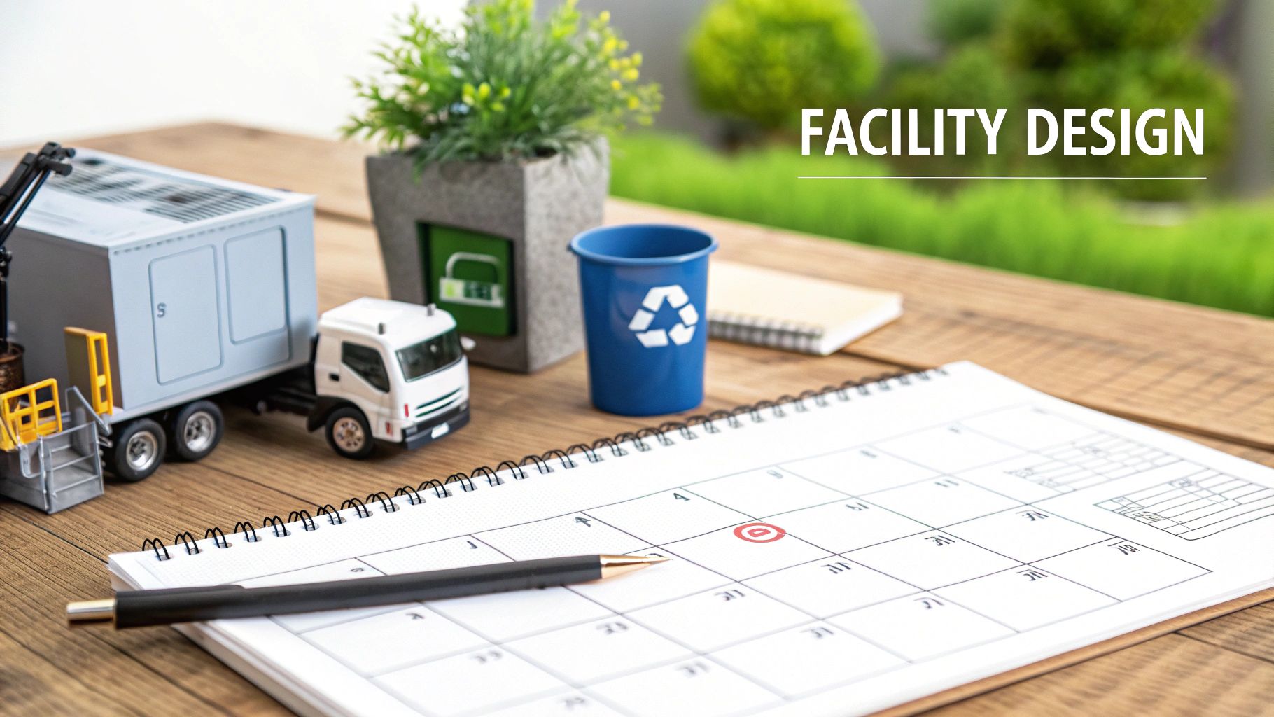 Miniature truck and container with a recycling bin, calendar, and pen on a wooden desk, symbolizing facility design and planning.