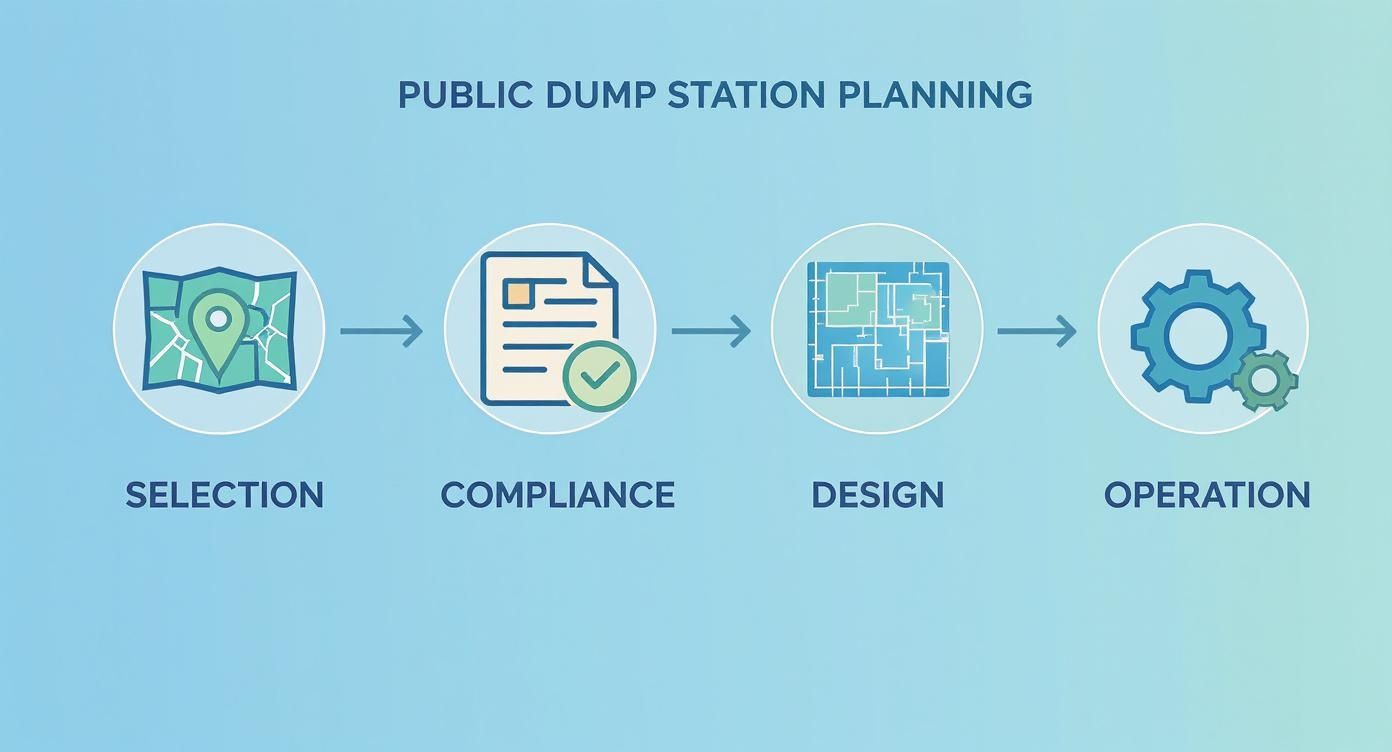 A four-step diagram showing public dump station planning: selection, compliance, design, and operation.