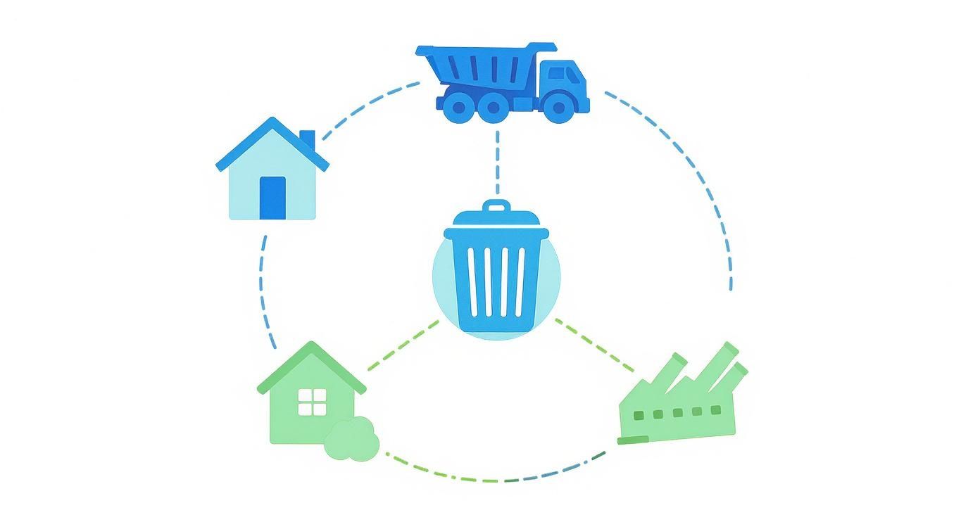 A diagram shows a waste management cycle with a trash bin connecting homes, a factory, and a dump truck.