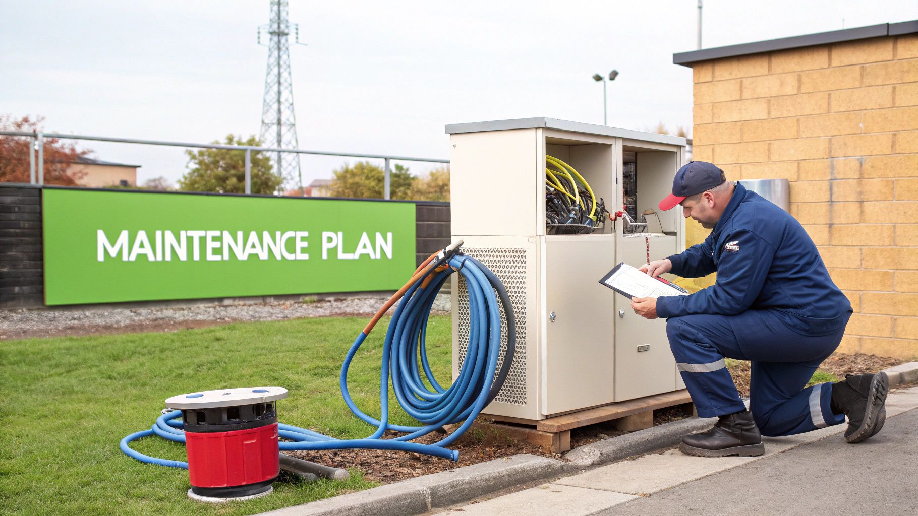 A maintenance worker kneels to inspect outdoor equipment, a green "MAINTENANCE PLAN" sign visible.