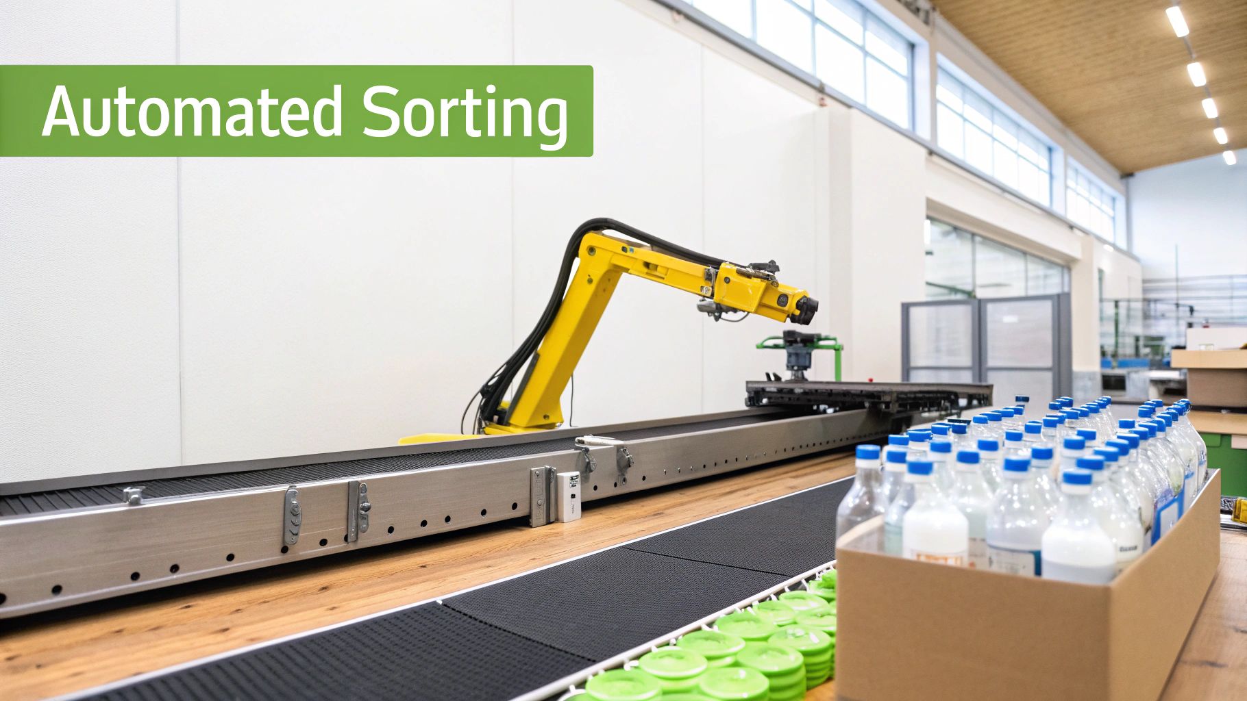 A yellow robotic arm on a conveyor belt performs automated sorting of various items in a clean factory.