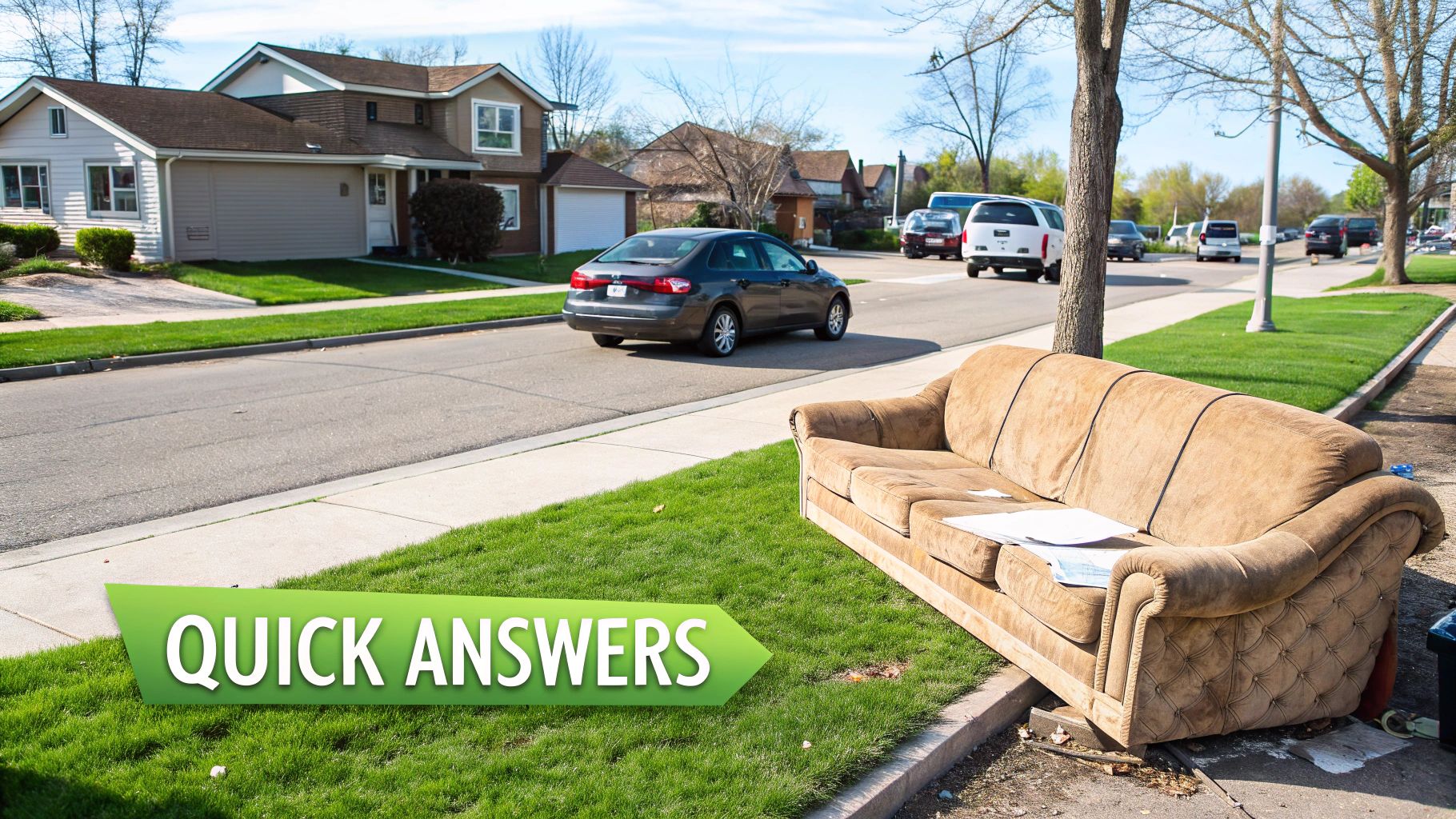A pile of bulky items like a couch and mattress neatly placed on a curb for collection.
