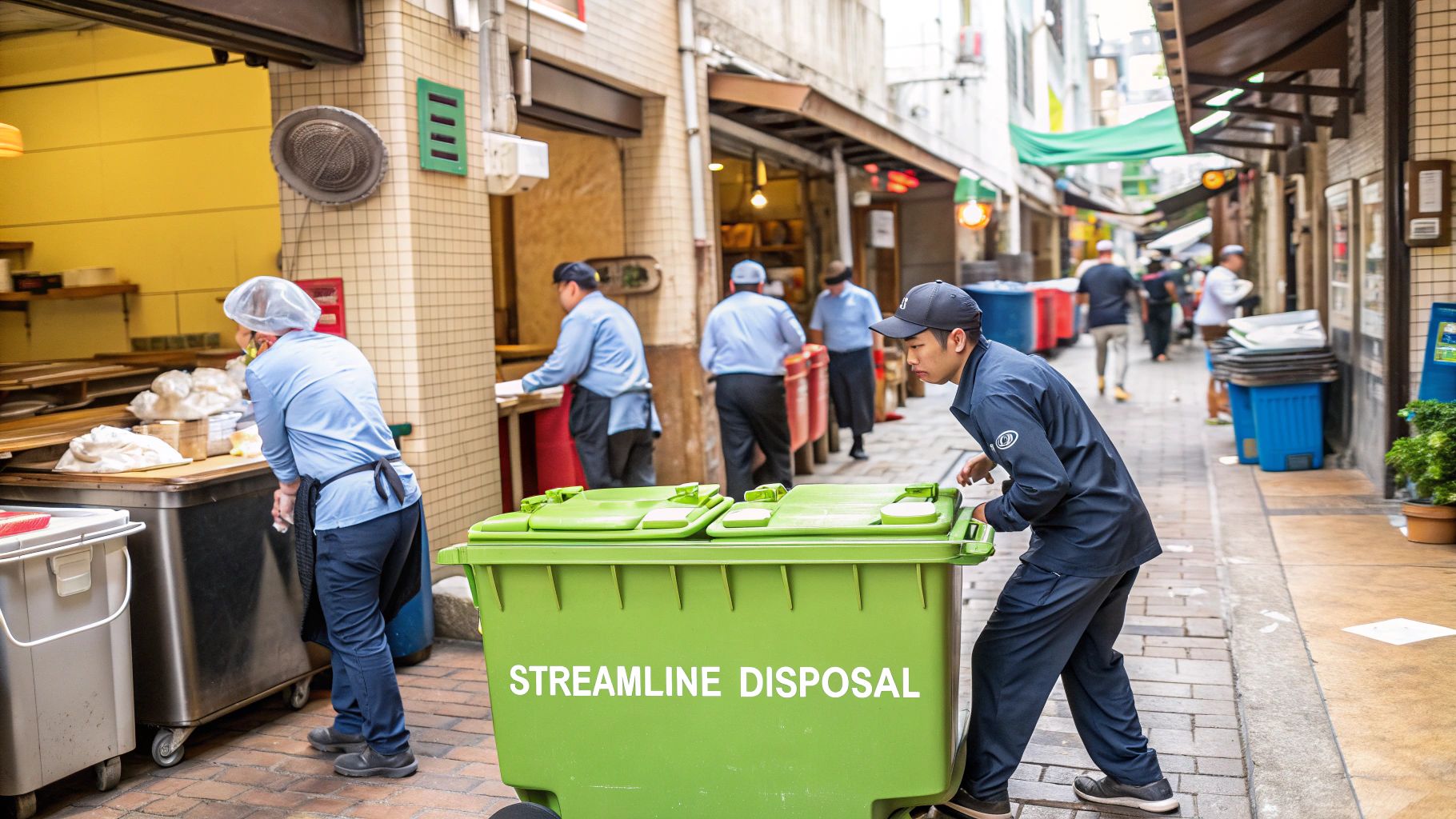 An industrial waste compactor in a clean, organized outdoor setting.