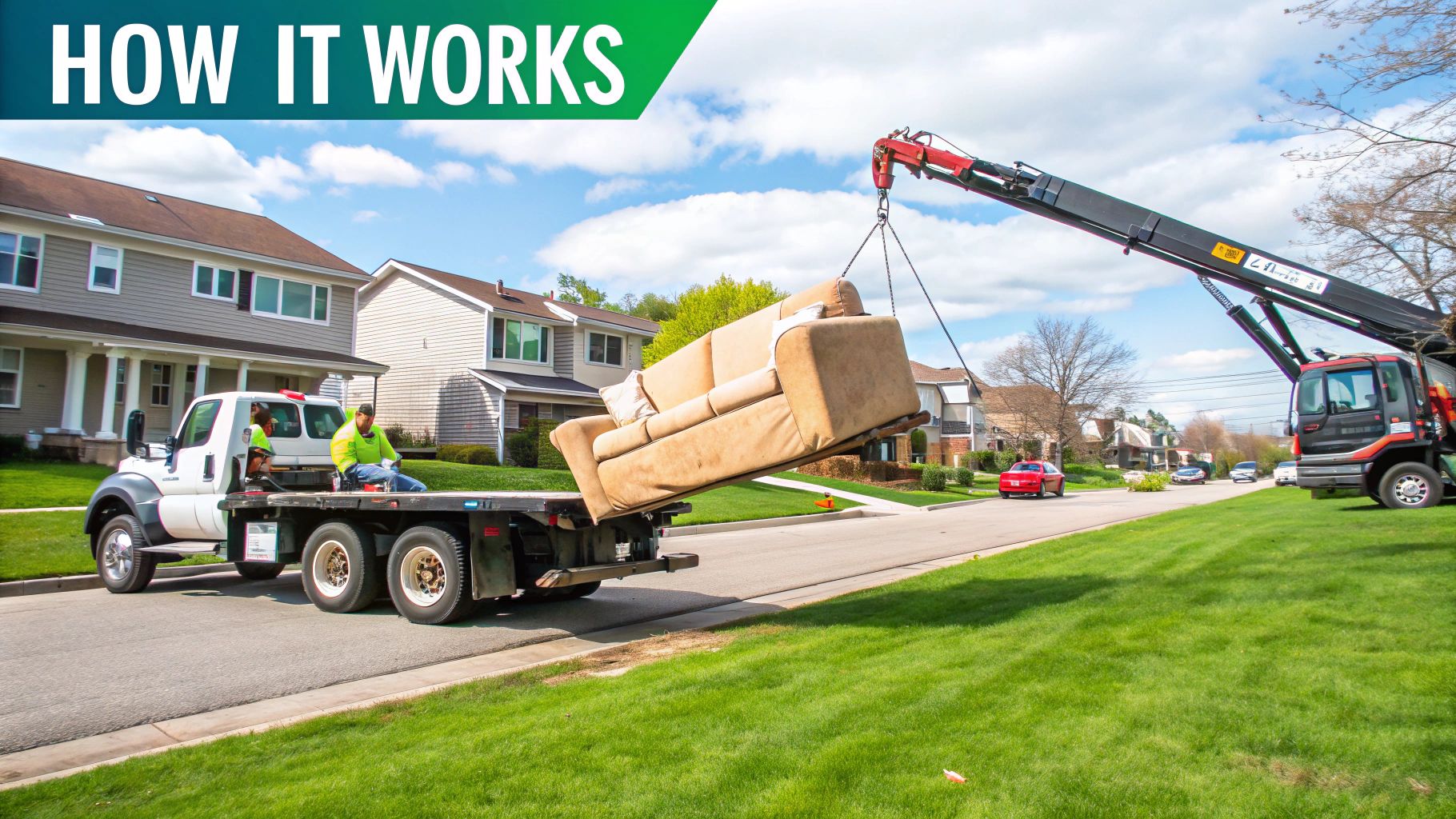 Waste management workers loading a discarded sofa onto a collection truck in a residential neighborhood.
