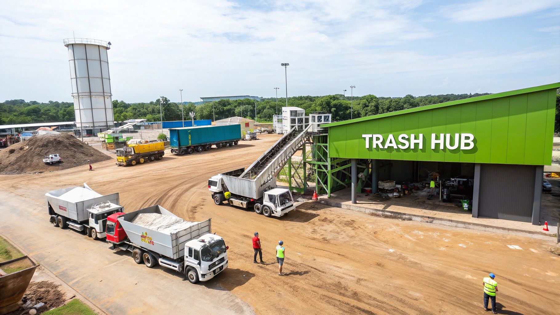 An aerial view of a waste transfer station with large buildings and trucks