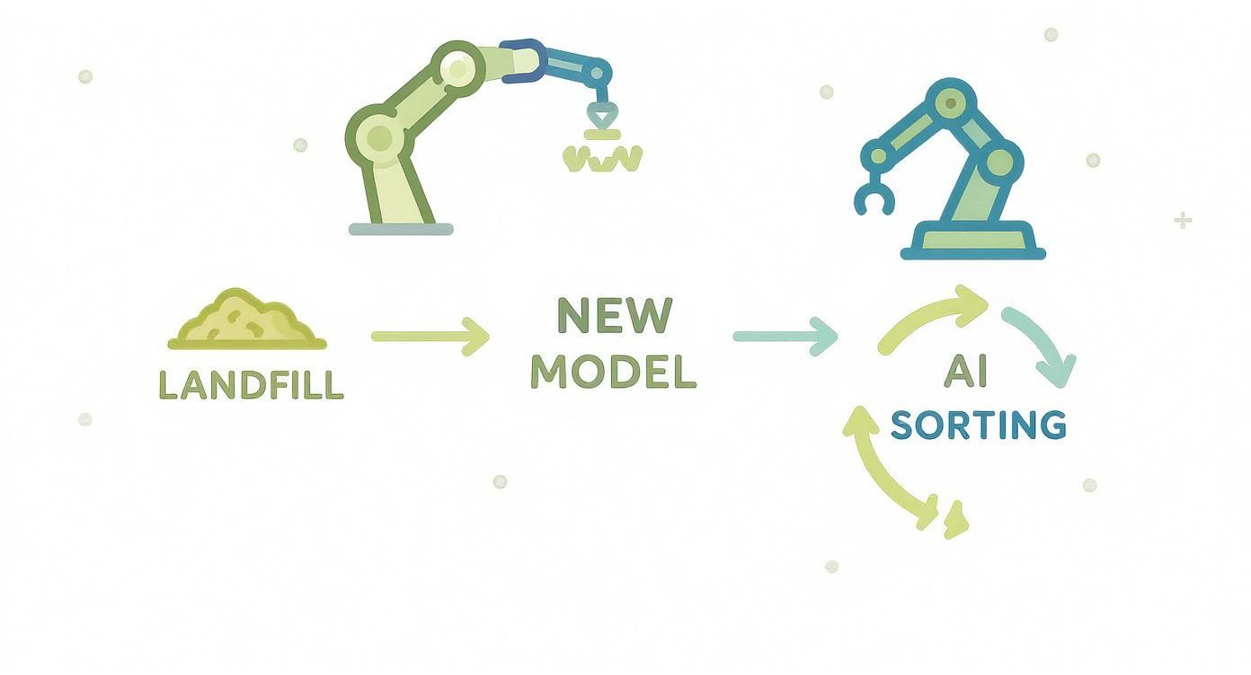 AI-powered robotic sorting system replacing traditional landfill waste disposal methods with automated technology