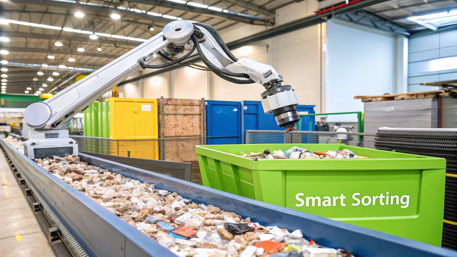 Robotic arms sorting materials on a conveyor belt in a modern waste facility.