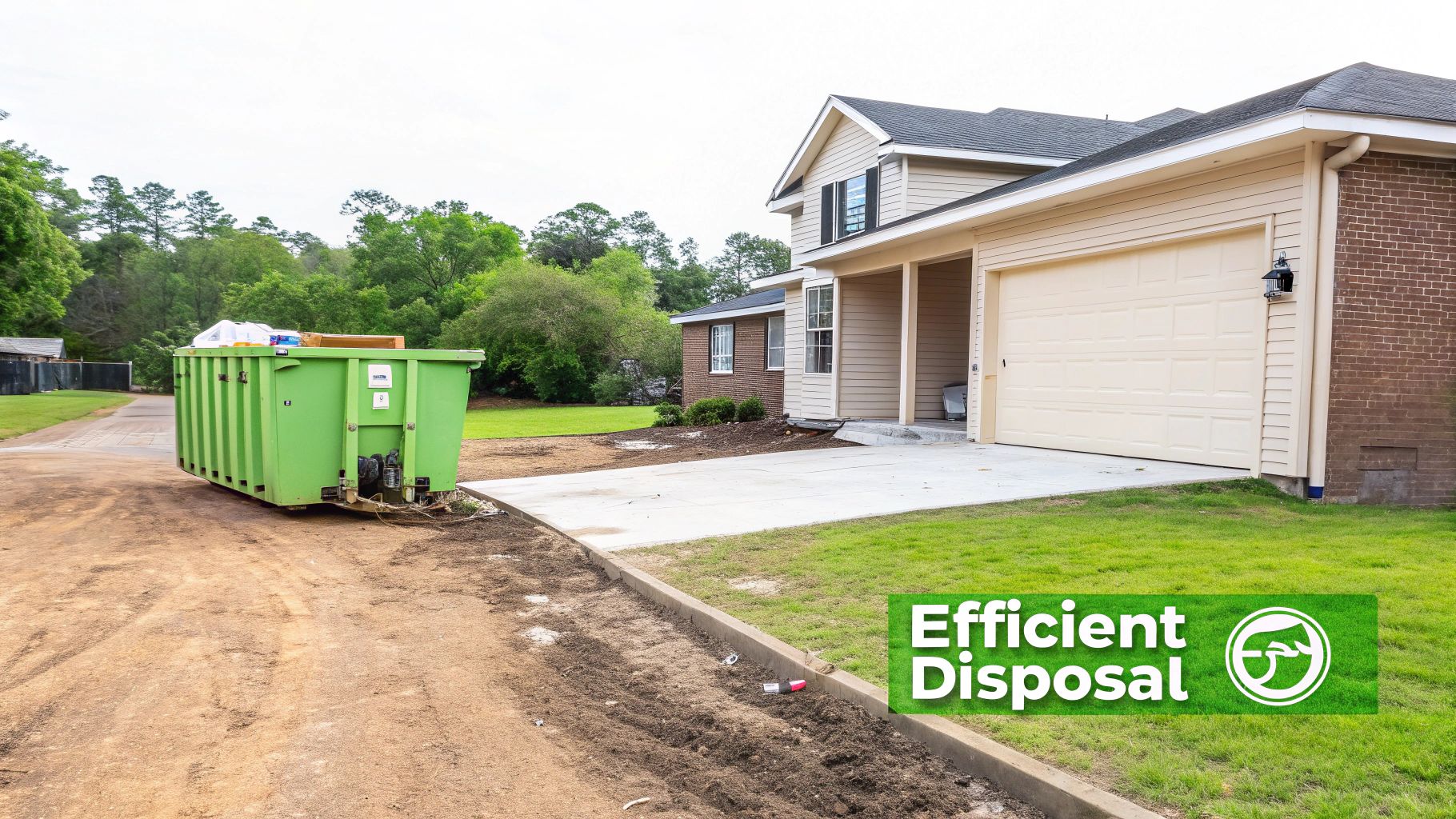 A large blue waste management dumpster being delivered to a residential area for a project.