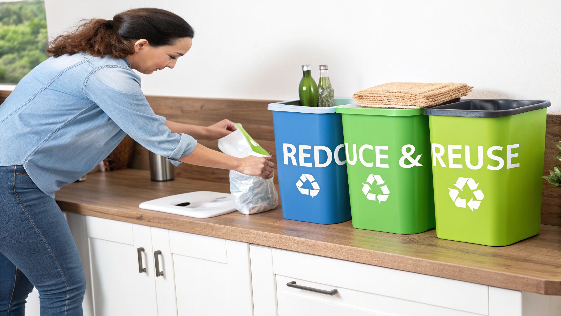 Woman sorting recyclable plastic bottles into color-coded bins labeled reduce and reuse at home