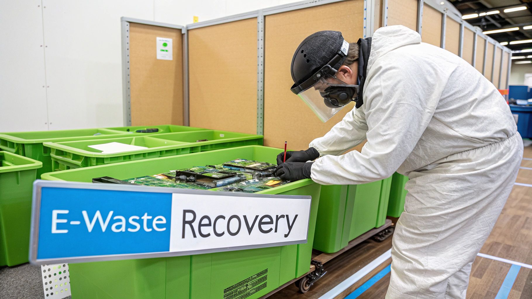 Technician carefully handling electronic waste components in a specialized facility.
