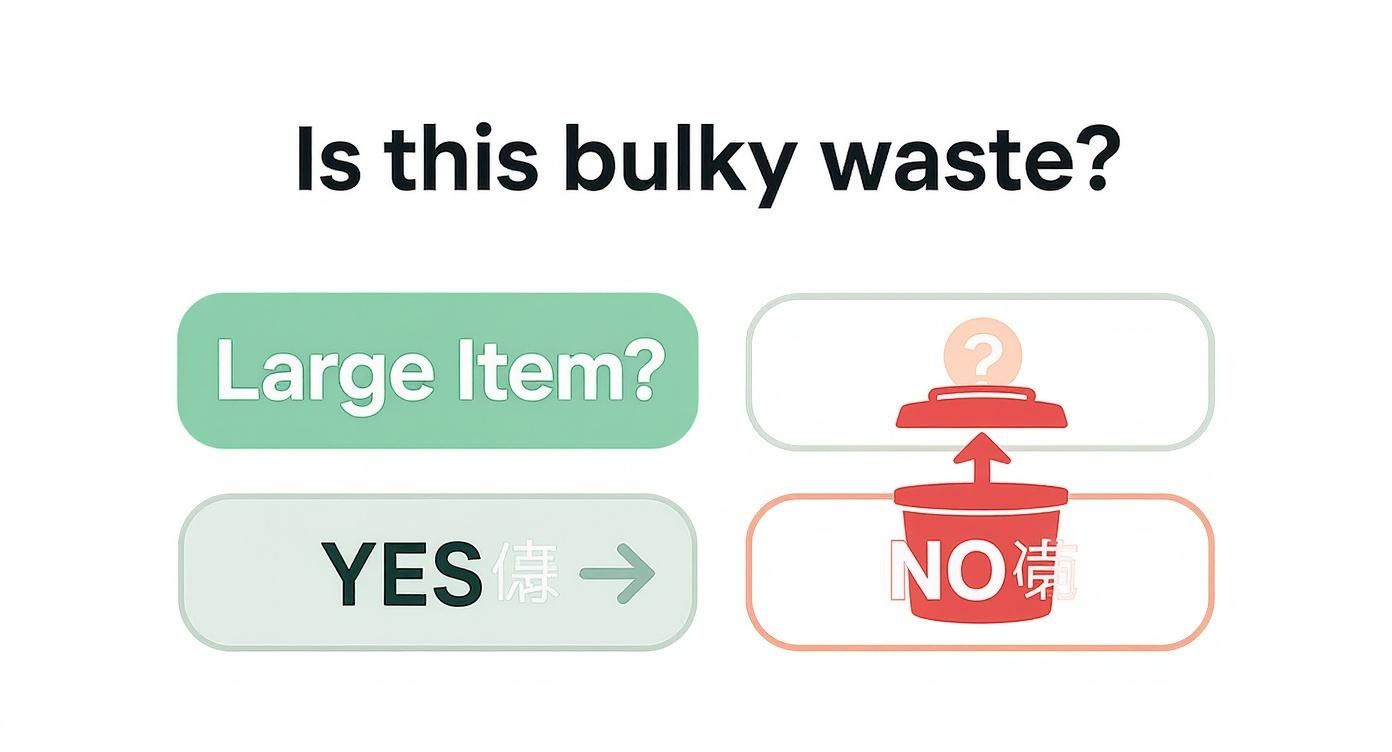 A graphic asking 'Is this bulky waste?' with options for 'Large Item? YES' and 'NO' with a bin.
