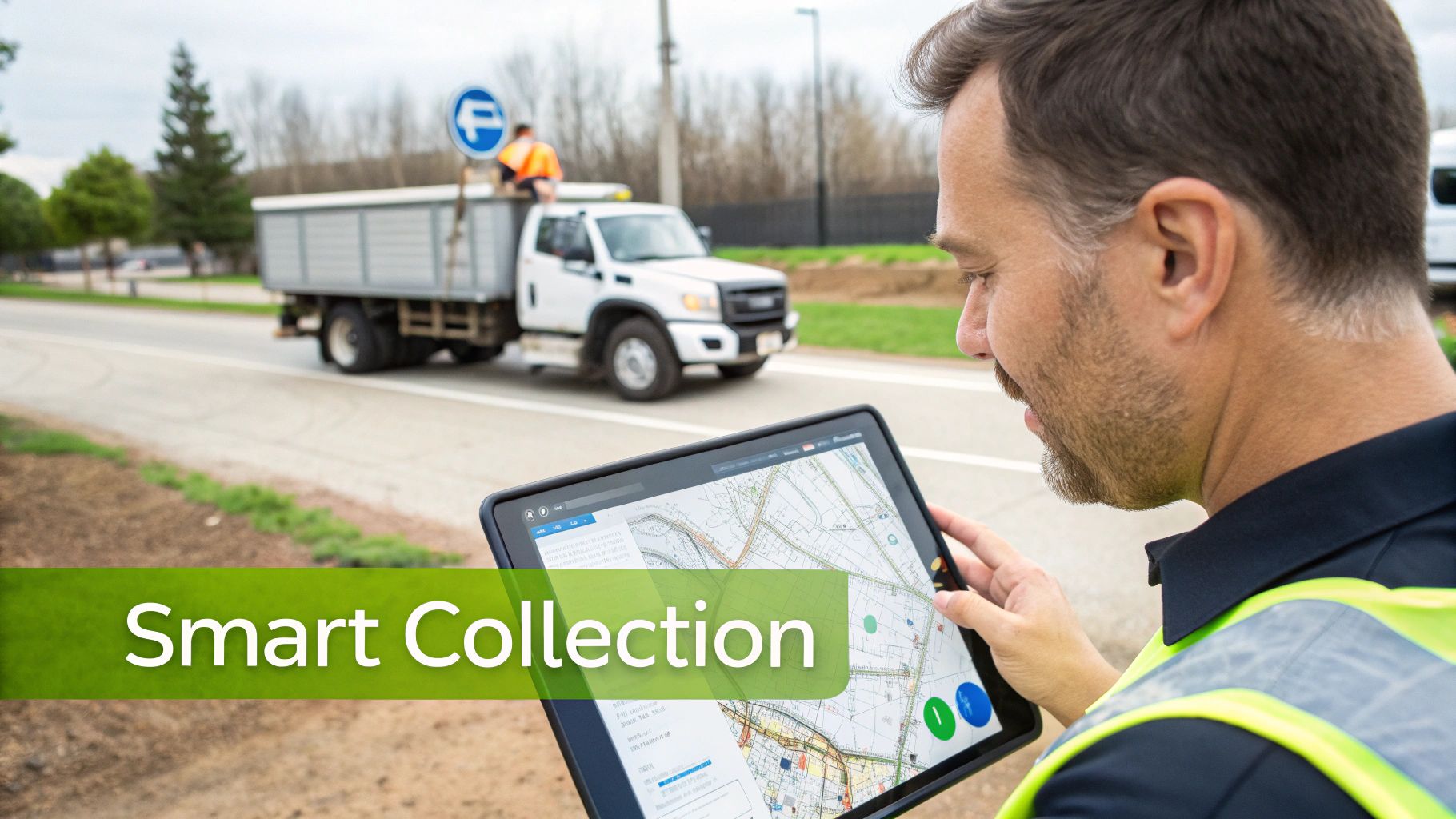 Worker in safety vest reviews a map on a tablet for smart collection, with a waste truck behind.