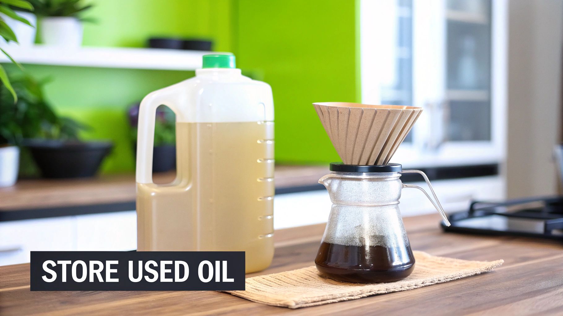 A person pours used cooking oil from a skillet into a glass jar for safe storage and recycling.