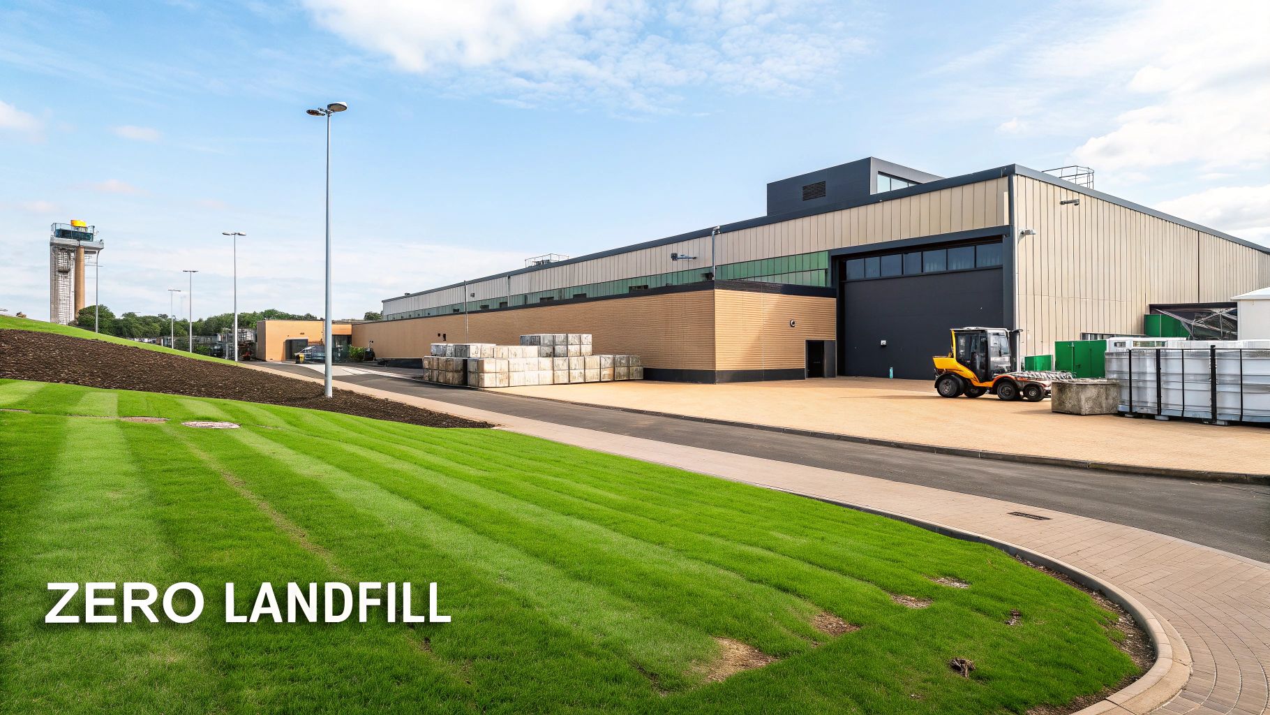Modern zero landfill waste management facility with industrial buildings and sustainable landscaping