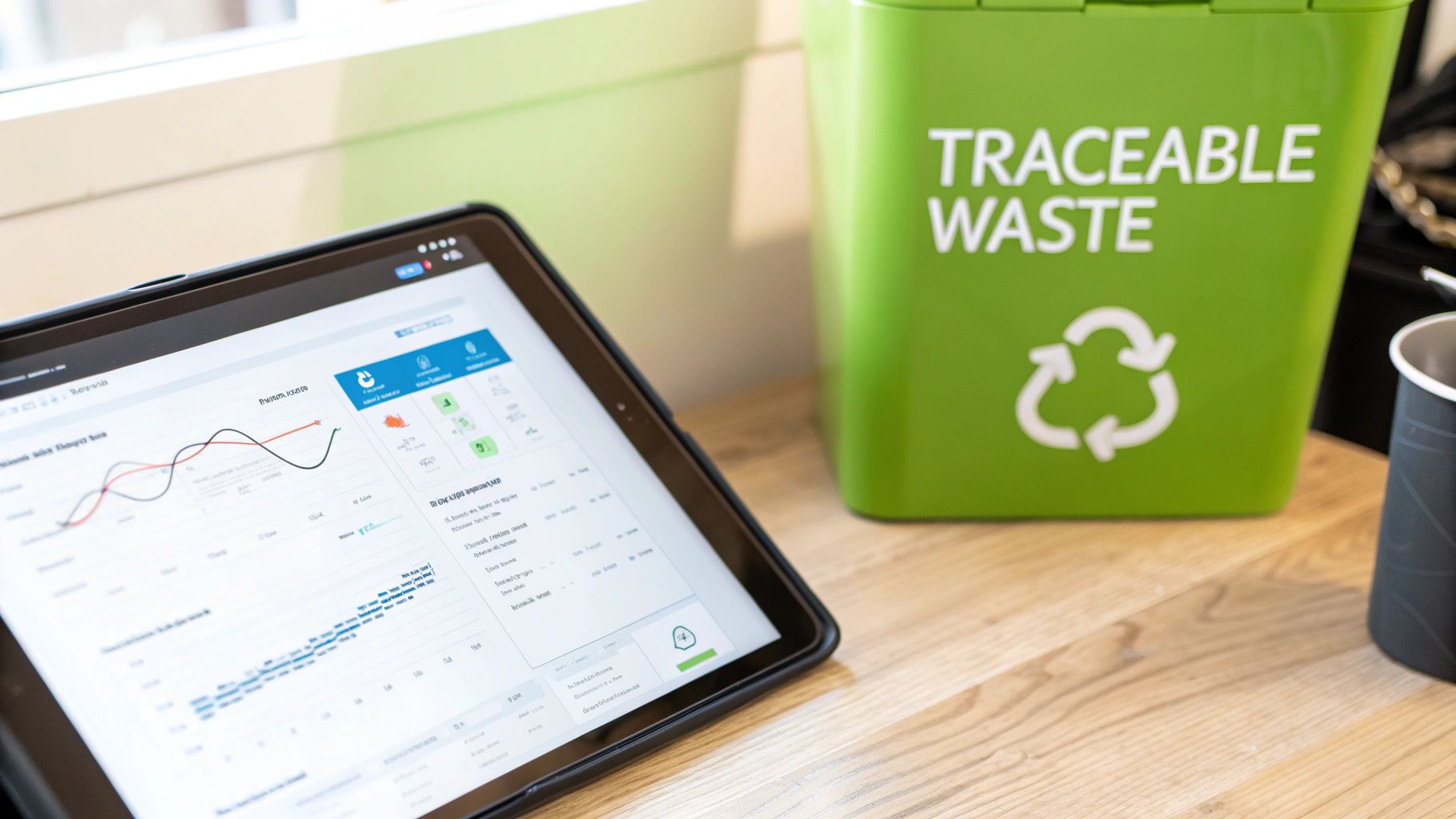 Person analyzing waste management data on a tablet