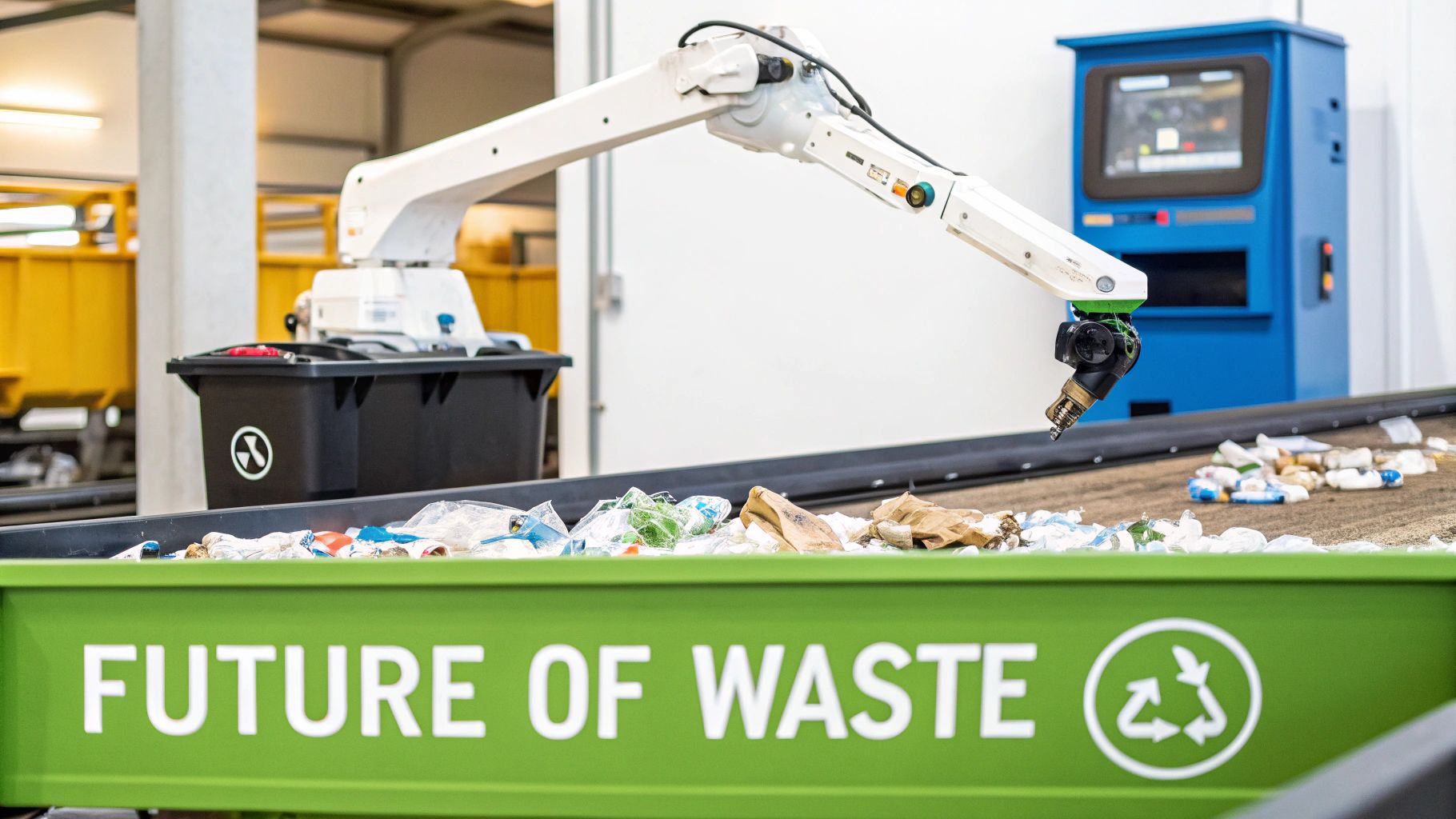 Robots sorting through recyclable materials on a conveyor belt