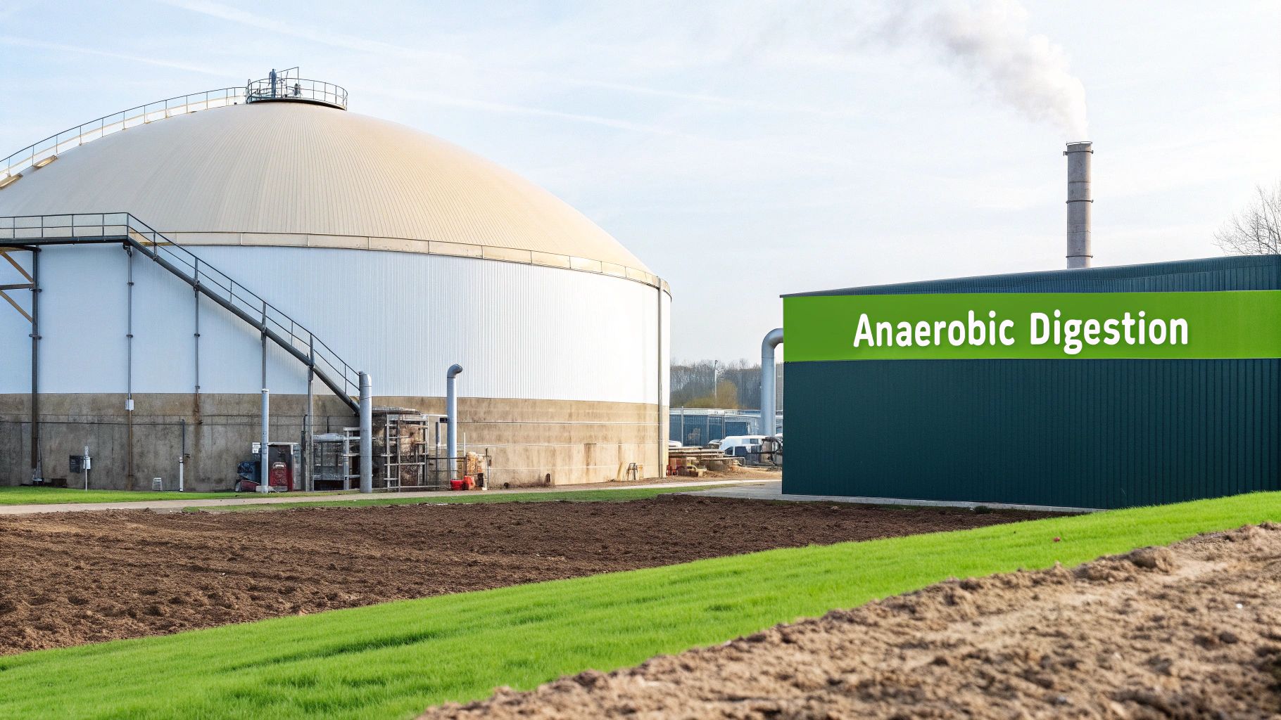 An aerial view of an anaerobic digestion facility, showing the large, circular digester tanks.