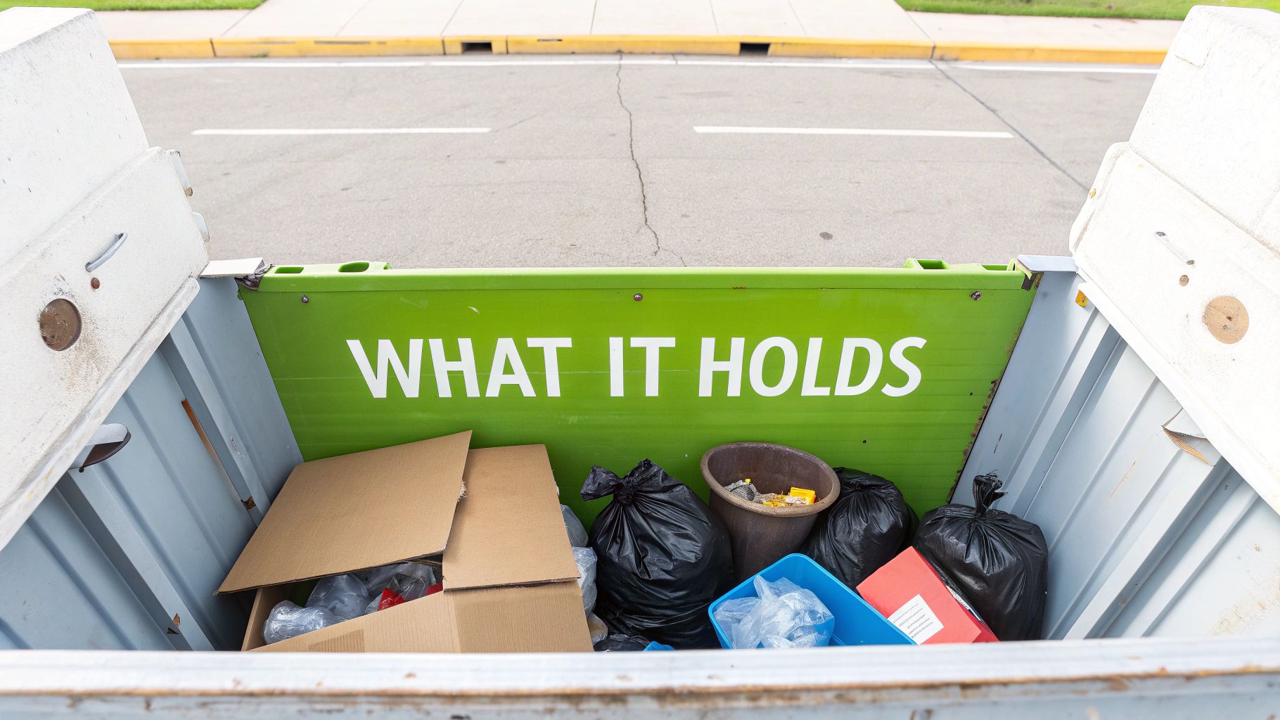 A person tossing a bag of trash into a 2-yard dumpster with the lid open.