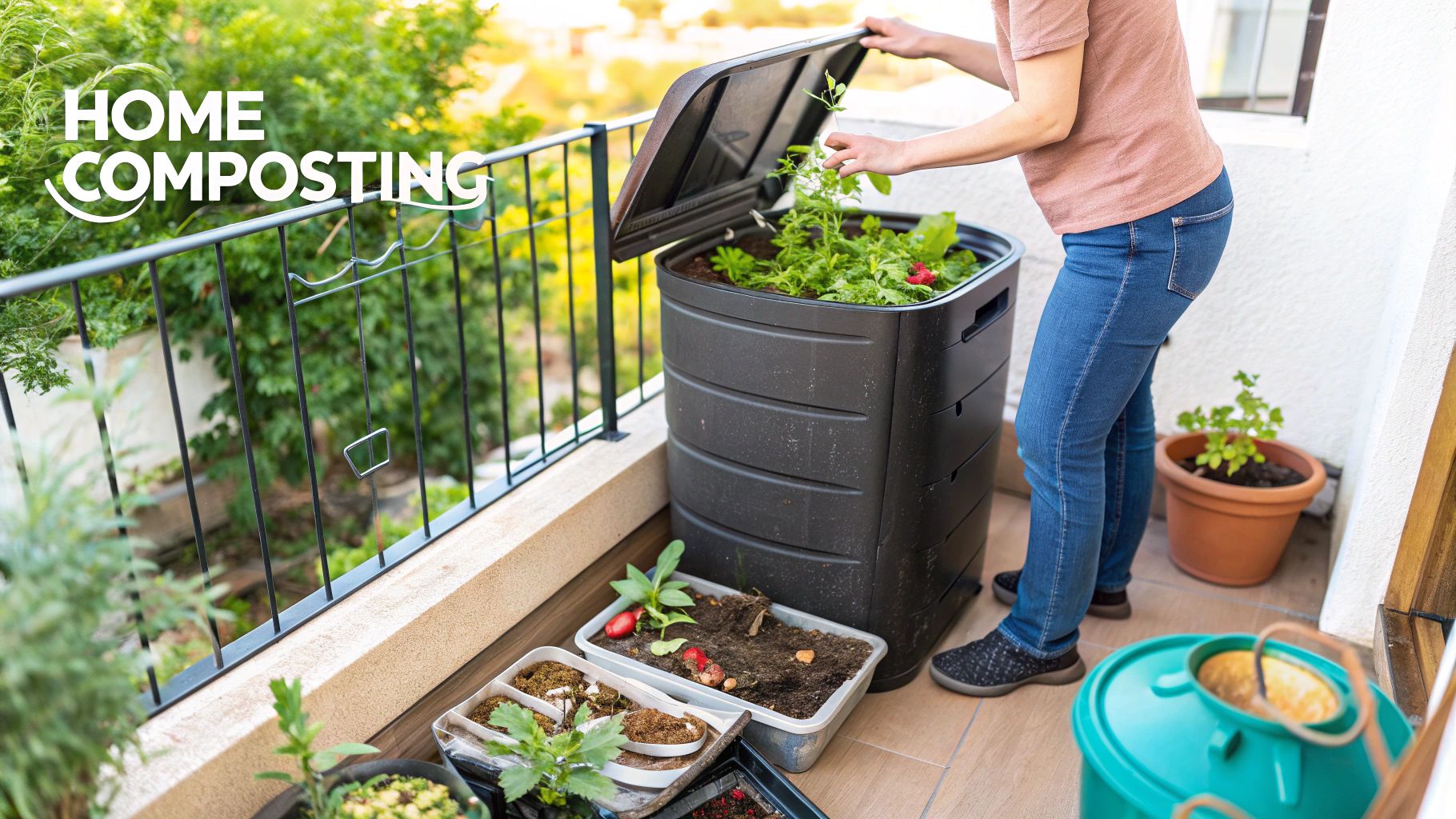 A person adding vegetable scraps to a home compost bin in a garden.