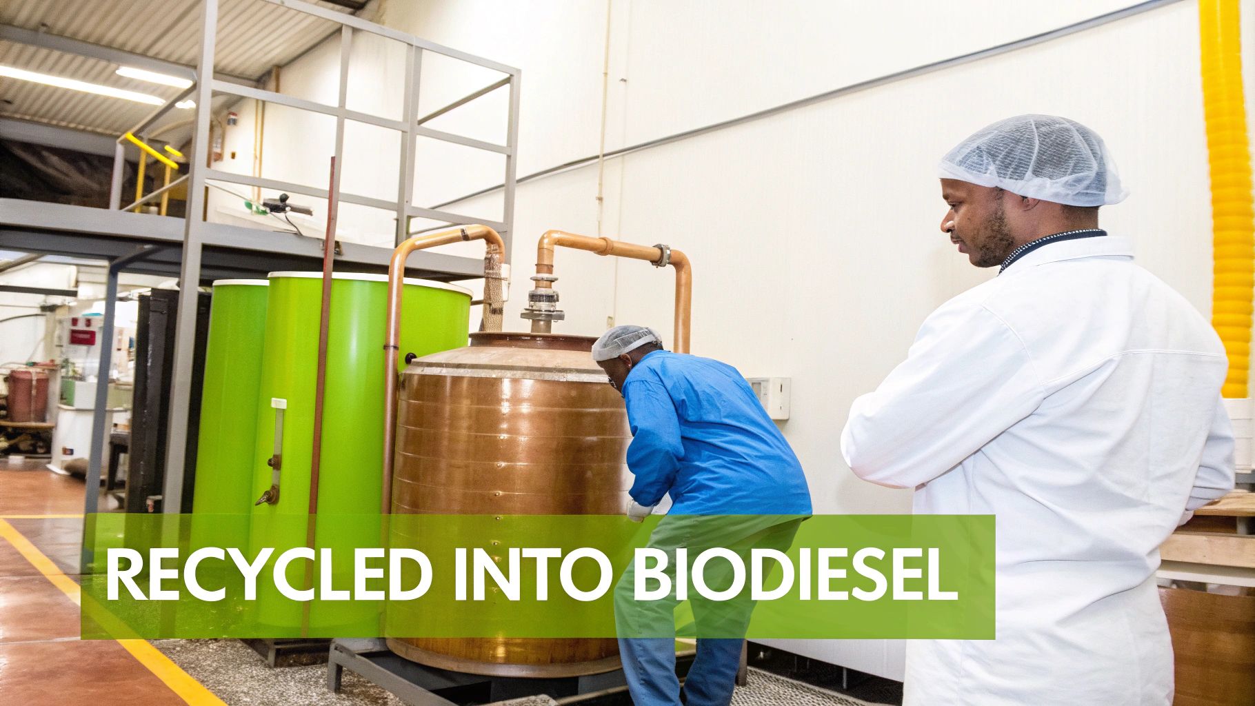 A split image showing used cooking oil on one side and a green biodiesel pump on the other.
