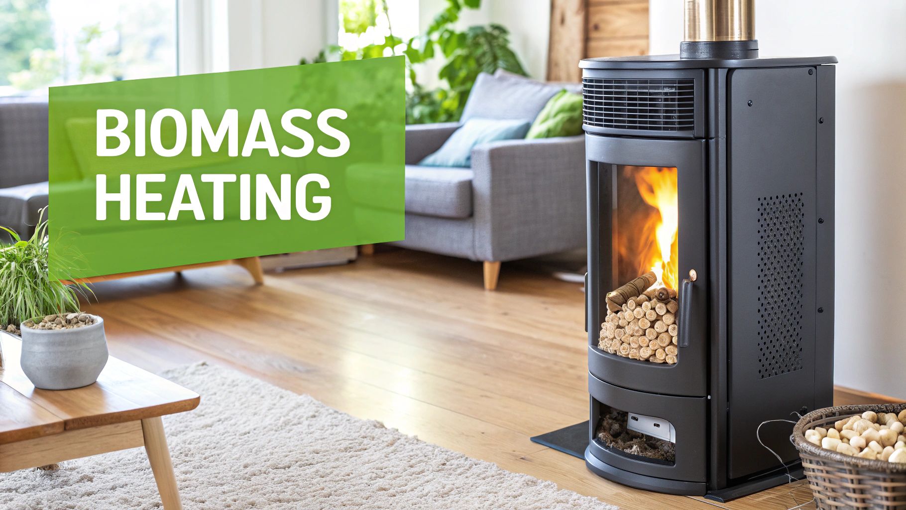 A modern biomass pellet stove in a living room