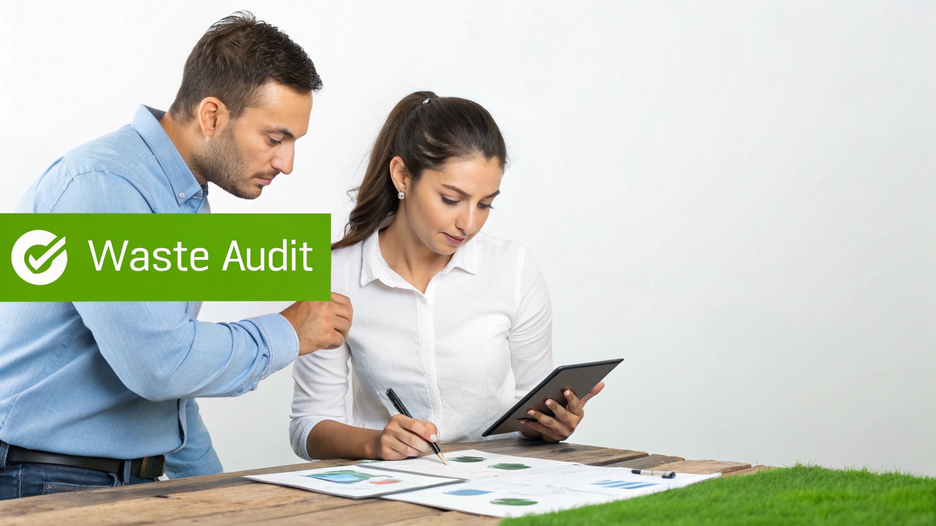 Two people, a man and a woman, collaborate on a waste audit, reviewing documents and using a tablet.
