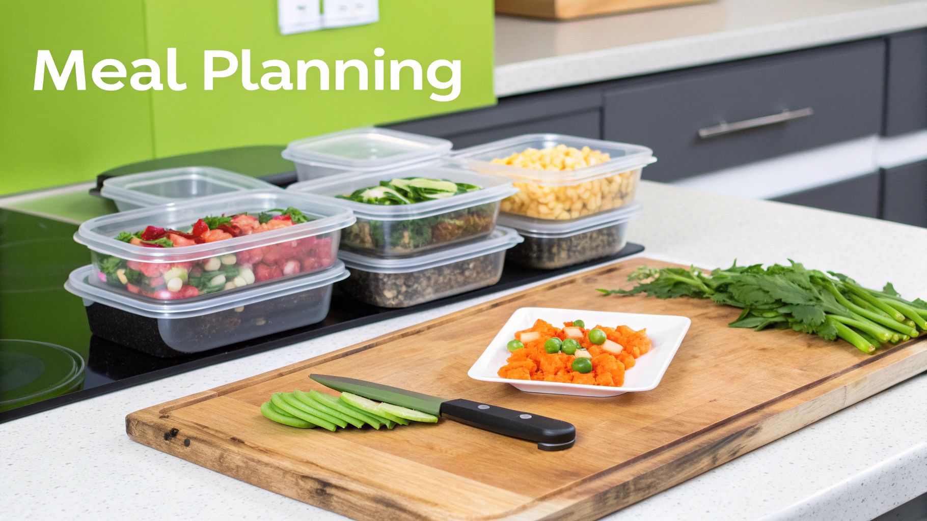A person preparing various ingredients on a kitchen counter for meal prep, with containers and fresh vegetables.