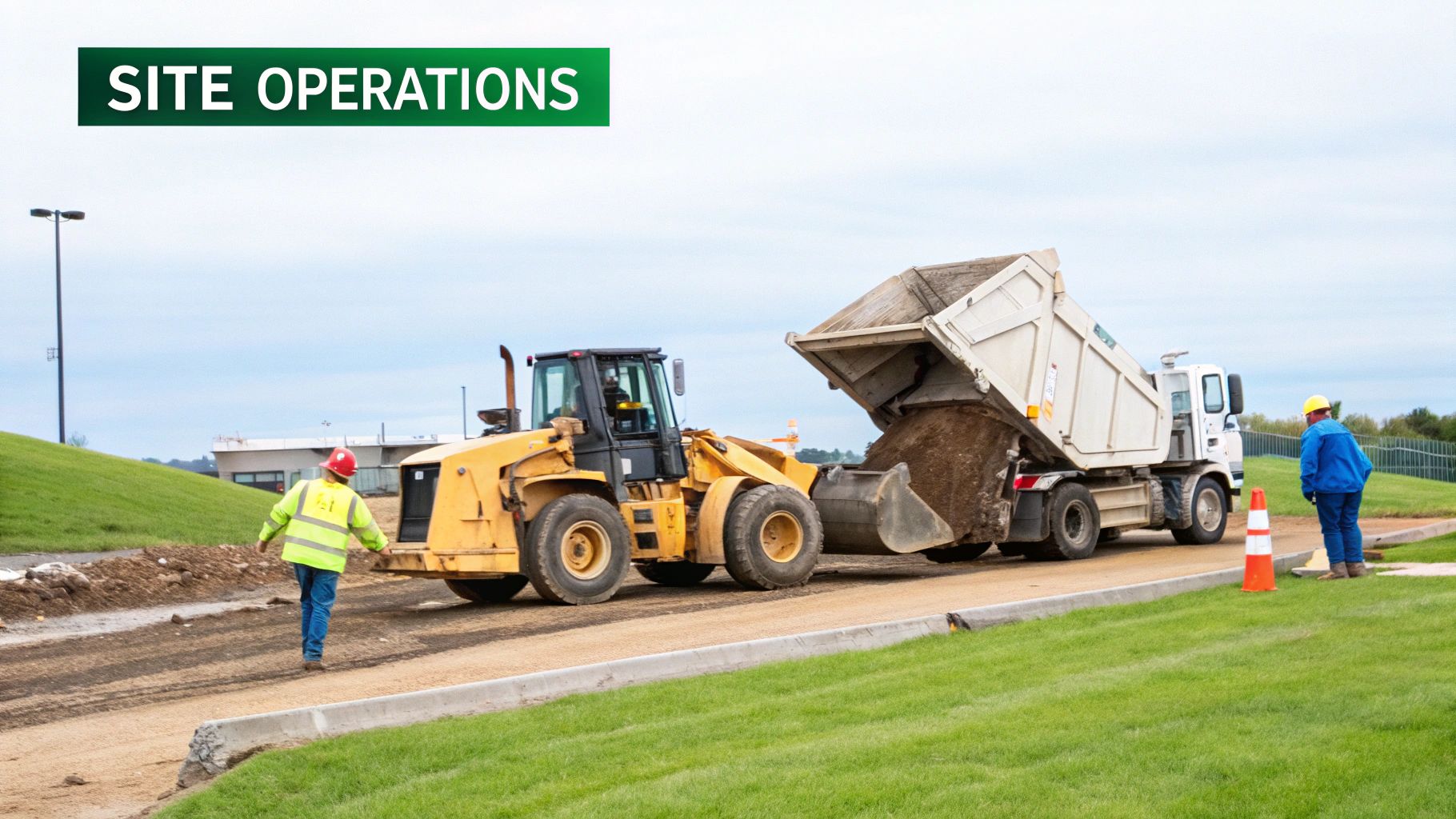 Two construction workers at a public dumping station with a loader and dump truck unloading dirt.