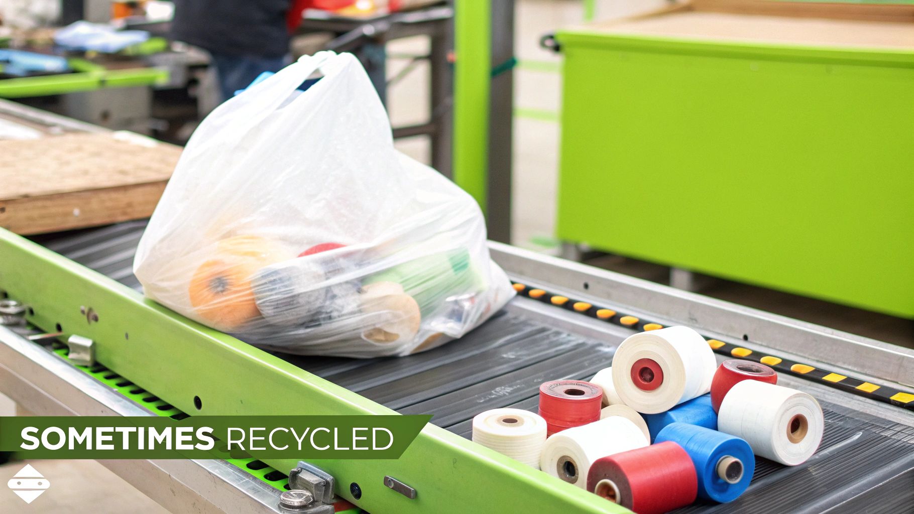 A pile of colorful, non-recyclable plastic items like lids, straws, and small containers.