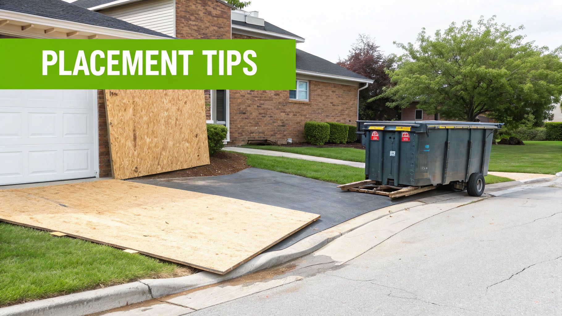 A residential dumpster rental placed on a driveway with protective wood underneath