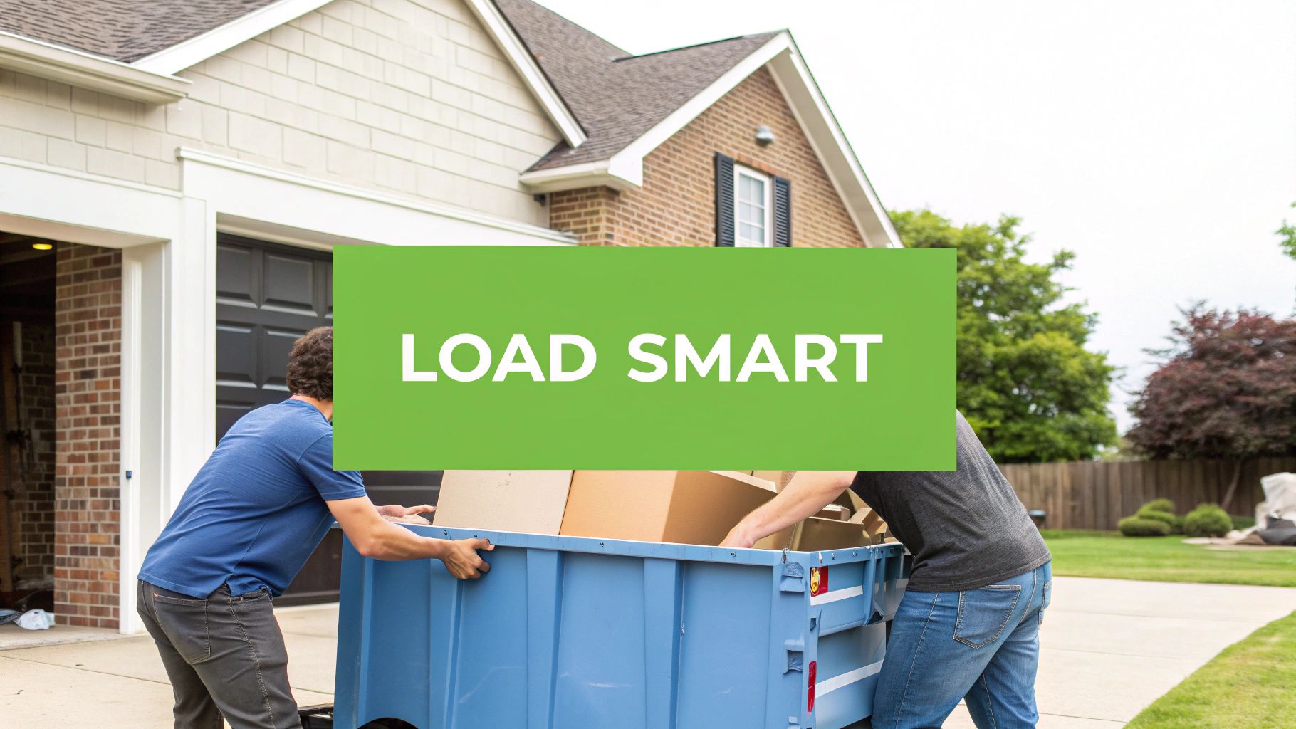 A person efficiently loading debris into a residential dumpster rental.