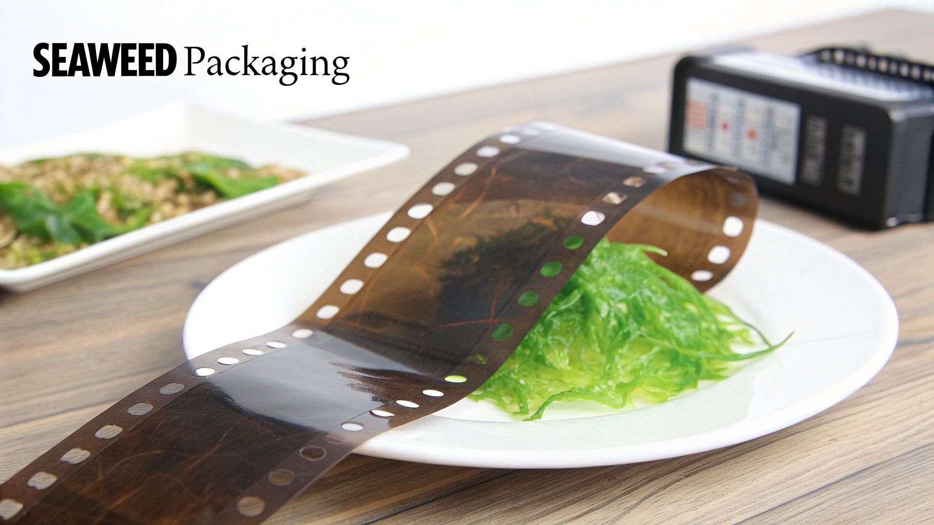 Innovative seaweed packaging material presented with fresh green seaweed on a white plate.