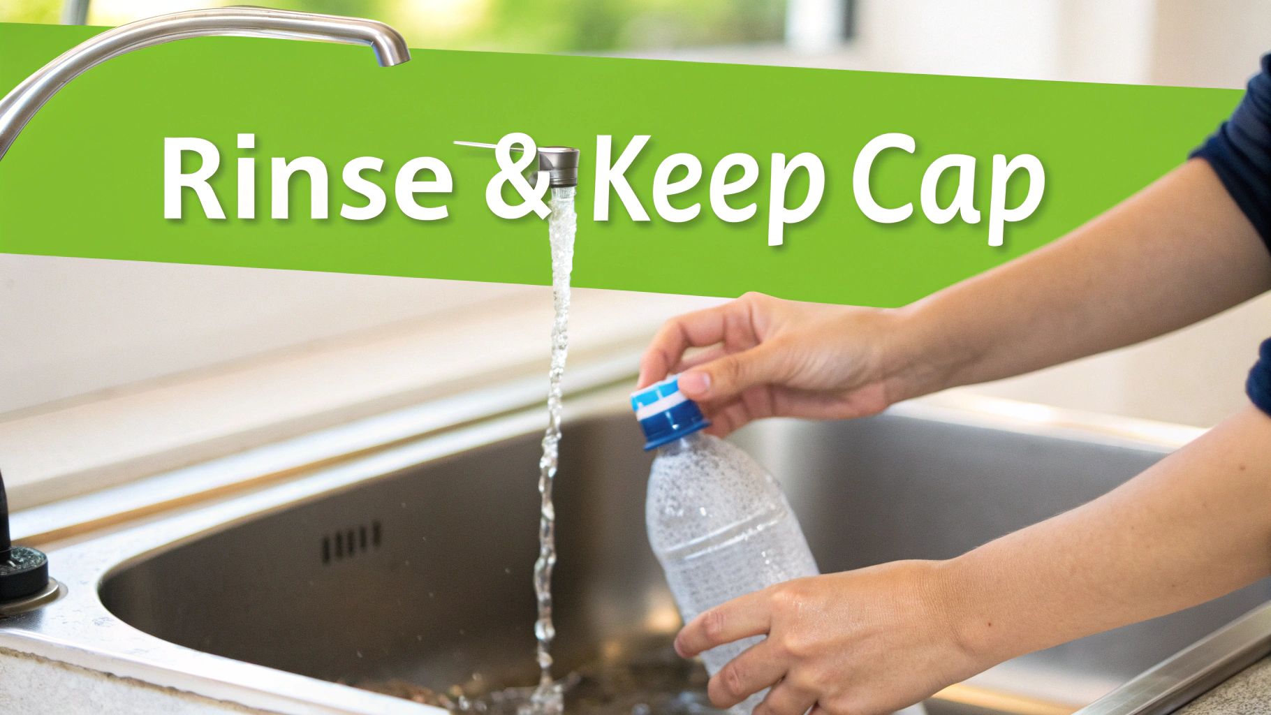 A person rinsing a plastic bottle in a kitchen sink before recycling.