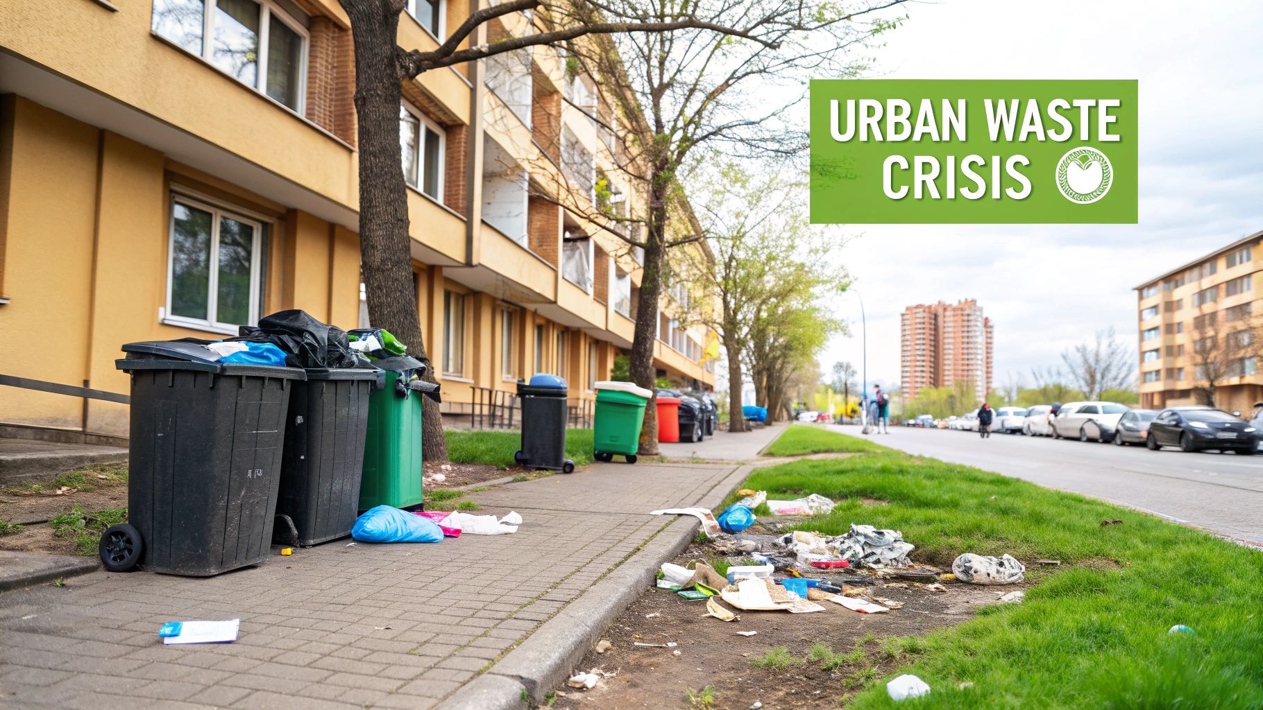 A sidewalk with overflowing garbage bins and scattered litter, highlighting an urban waste crisis.