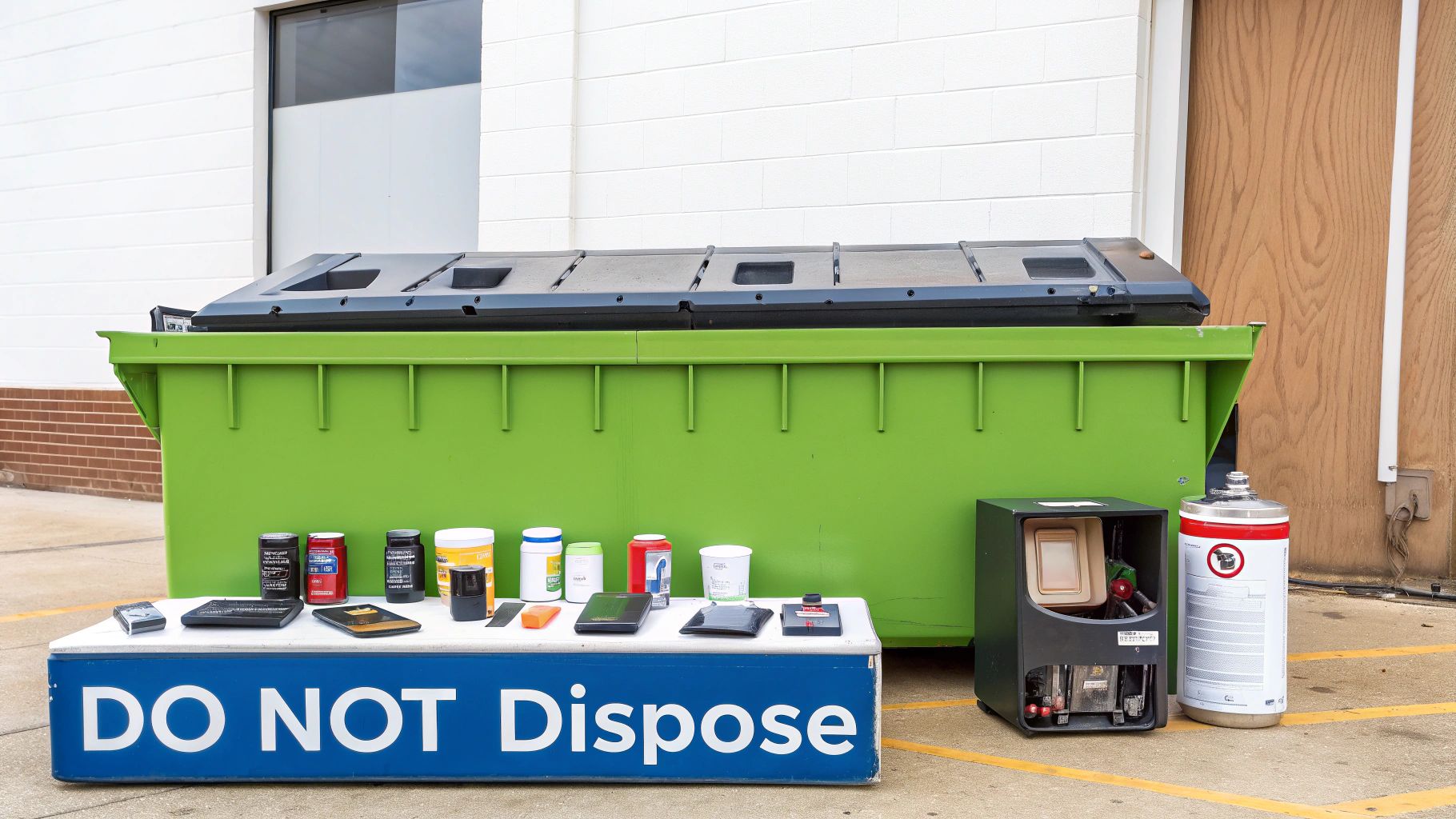 A visual guide showing prohibited items for a commercial garbage dumpster, such as tires, chemicals, and electronics, each with a clear icon.