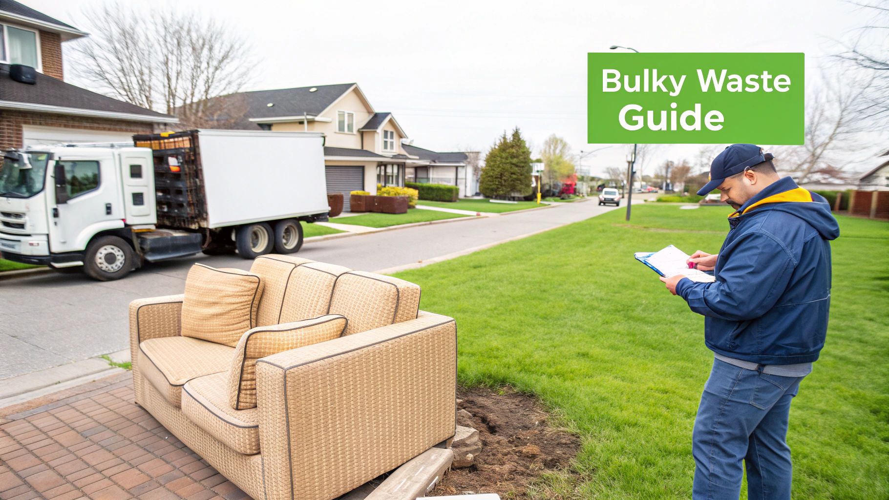 A man reviews a clipboard on a grassy lawn next to a bulky sofa and a waste collection truck.