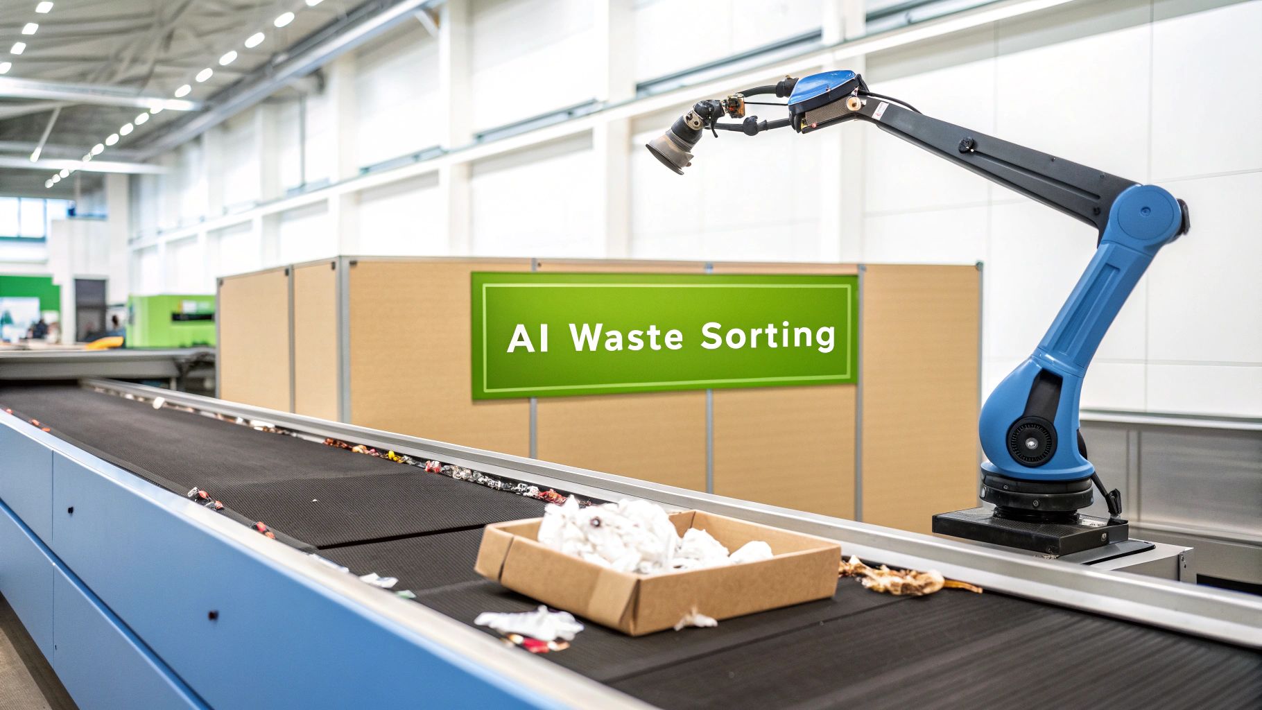 Blue robotic arm sorting waste materials on conveyor belt using AI technology in recycling facility