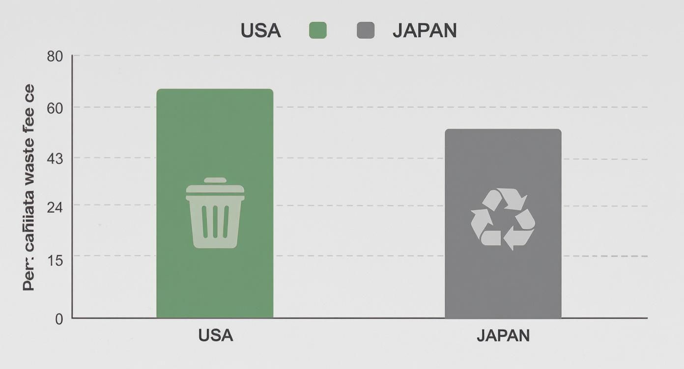 Bar chart comparing waste fee per capita between USA and Japan, showing recycling differences