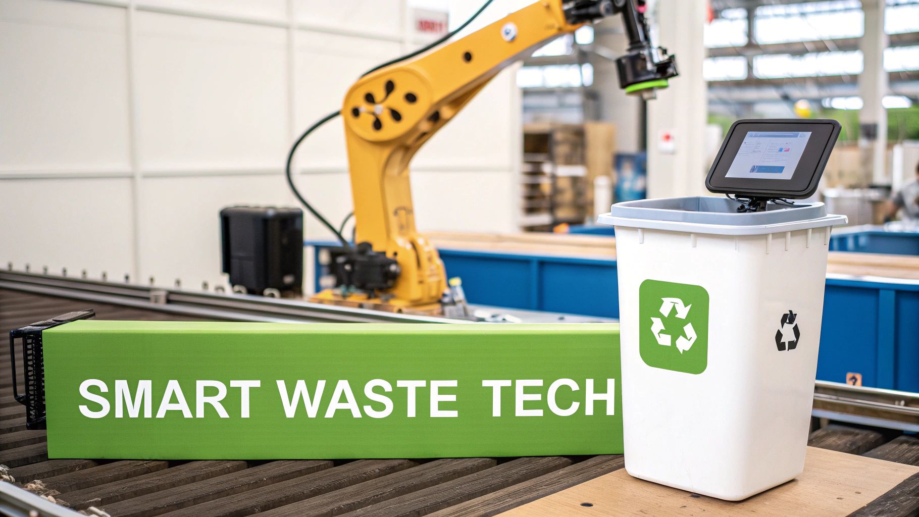 Robotic arm and smart recycling bin showcasing advanced waste management technology in an industrial setting.