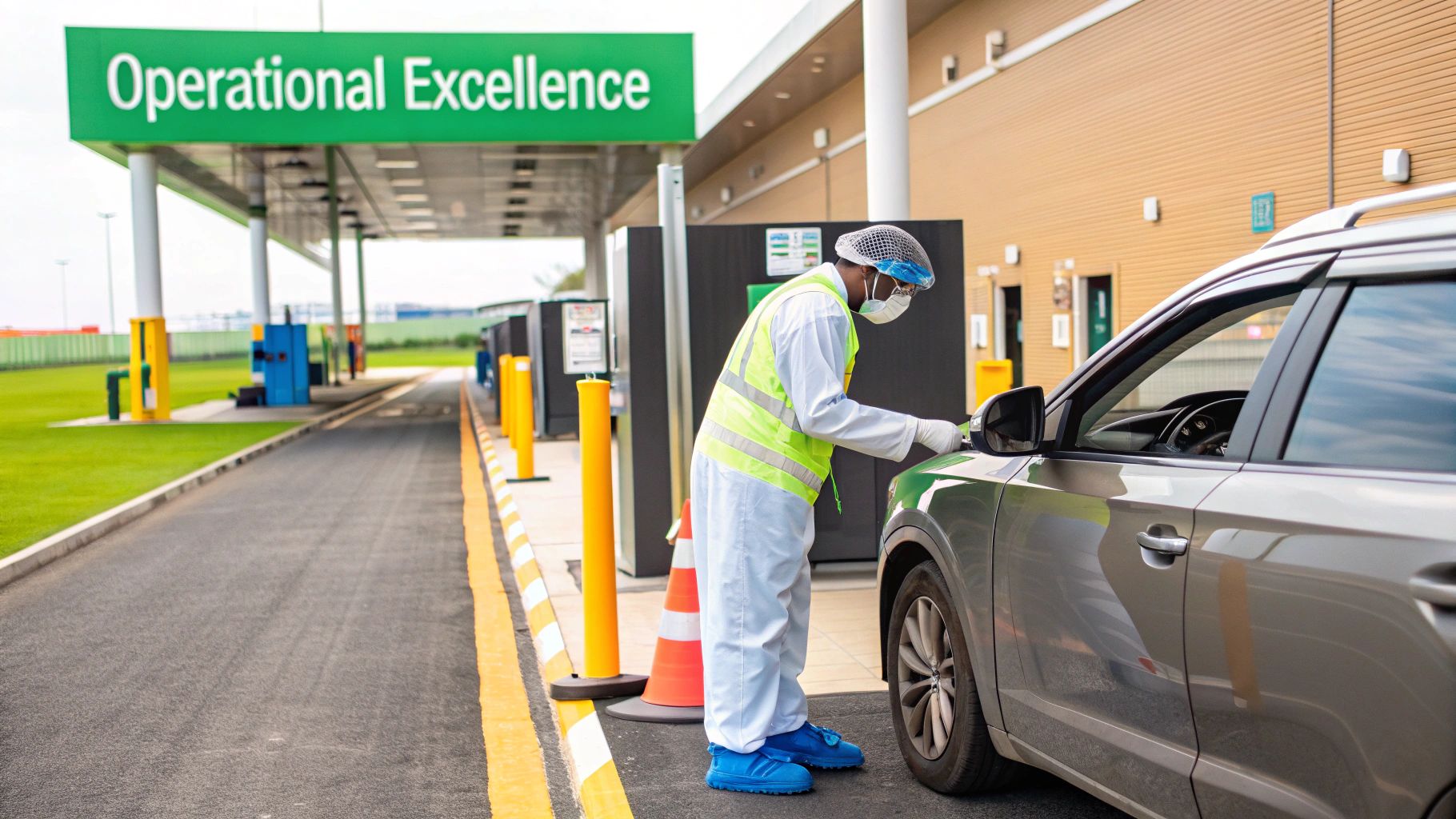 A worker in full PPE inspects a car at a drive-through station under an "Operational Excellence" sign.