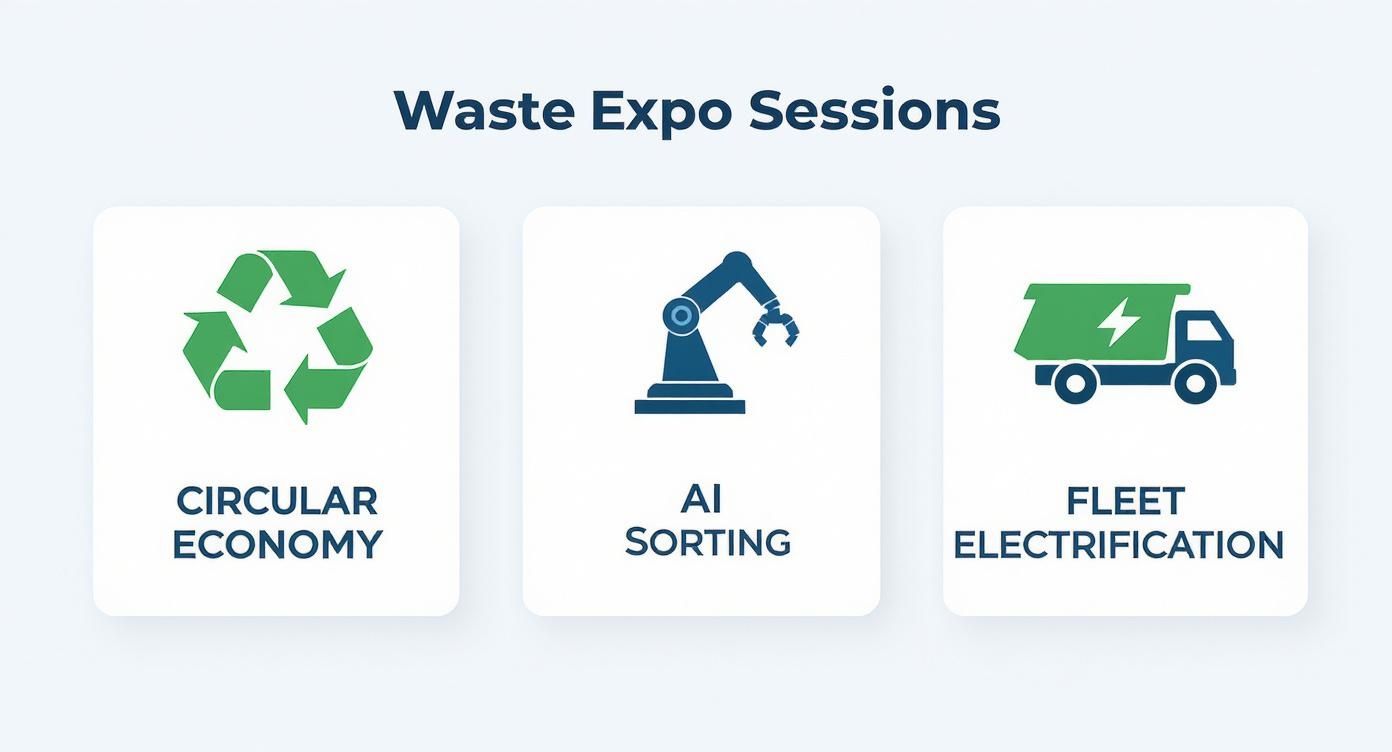 Infographic showing key themes at Waste Expo: Circular Economy, AI Sorting, and Fleet Electrification.