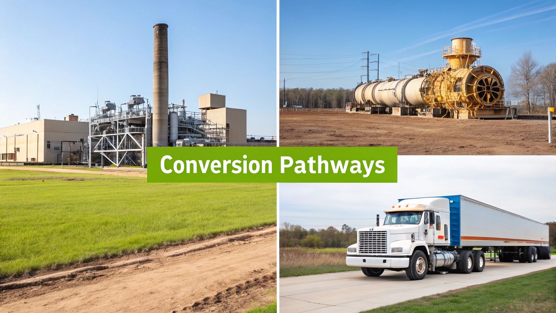 A collage showing an industrial plant, large processing equipment, green fields, and a semi-truck, all under the title "Conversion Pathways."