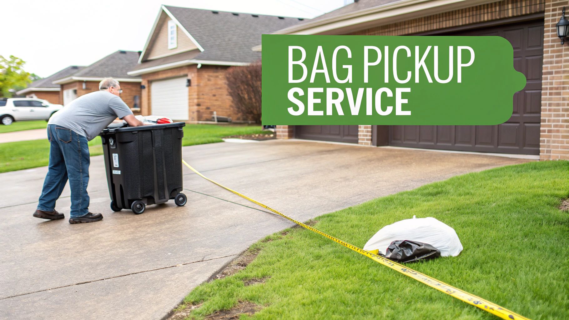 A filled dumpster bag ready for pickup on a residential driveway
