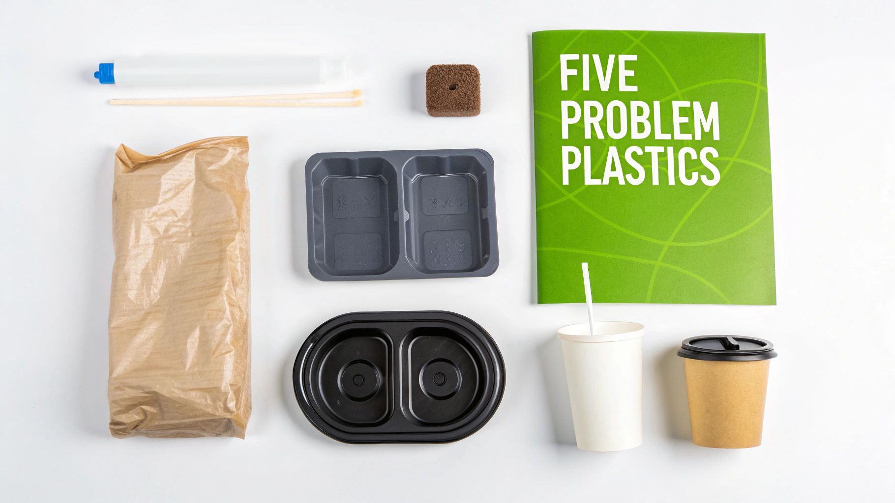 A variety of non-recyclable plastic items, such as chip bags, foam containers, and plastic cutlery, laid out on a surface.