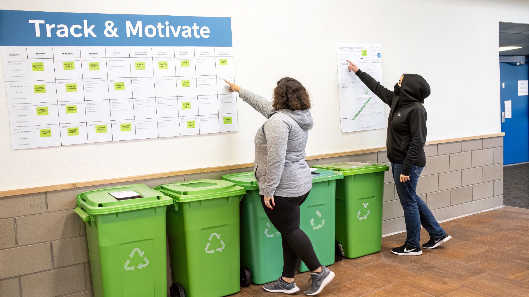 A group of volunteers smiling and working together to sort recyclable materials, illustrating community engagement and successful teamwork in waste reduction efforts.