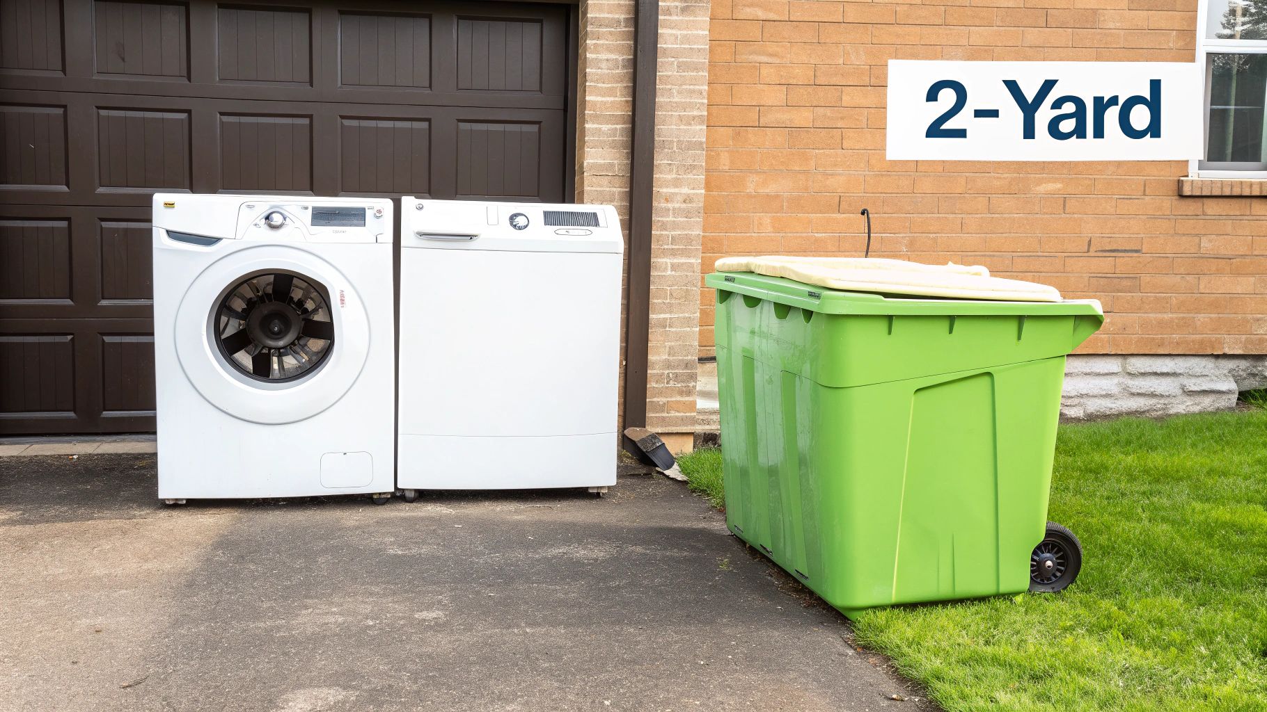 A clean, grey 2-yard dumpster with a closed lid placed in an alleyway.
