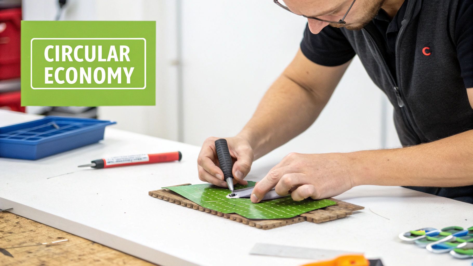 Worker assembling sustainable materials demonstrating circular economy principles in manufacturing workshop